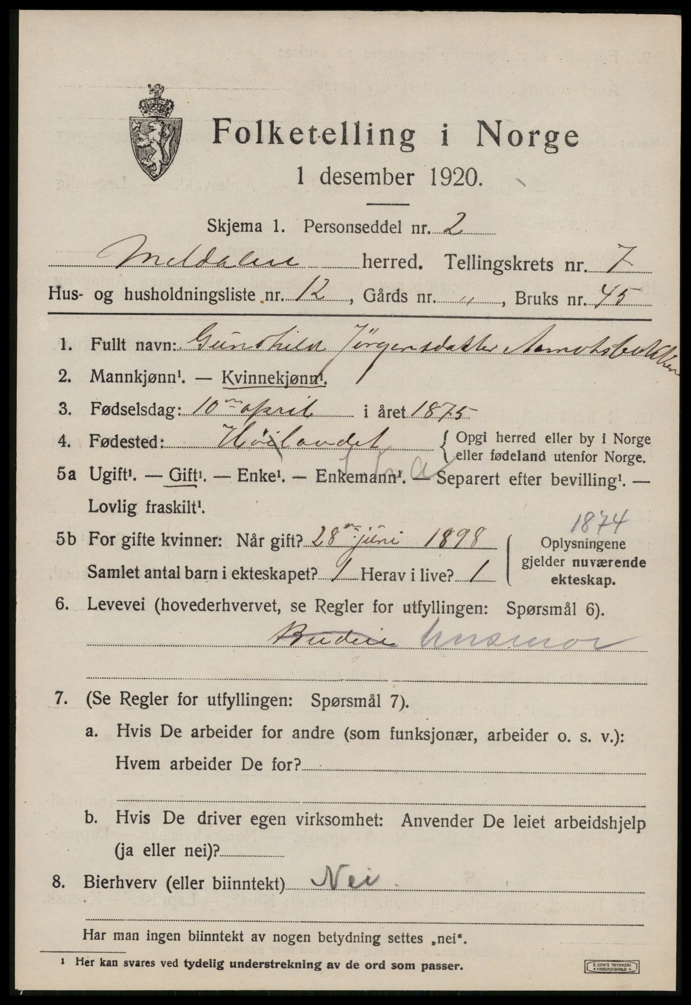 SAT, 1920 census for Meldal, 1920, p. 7397