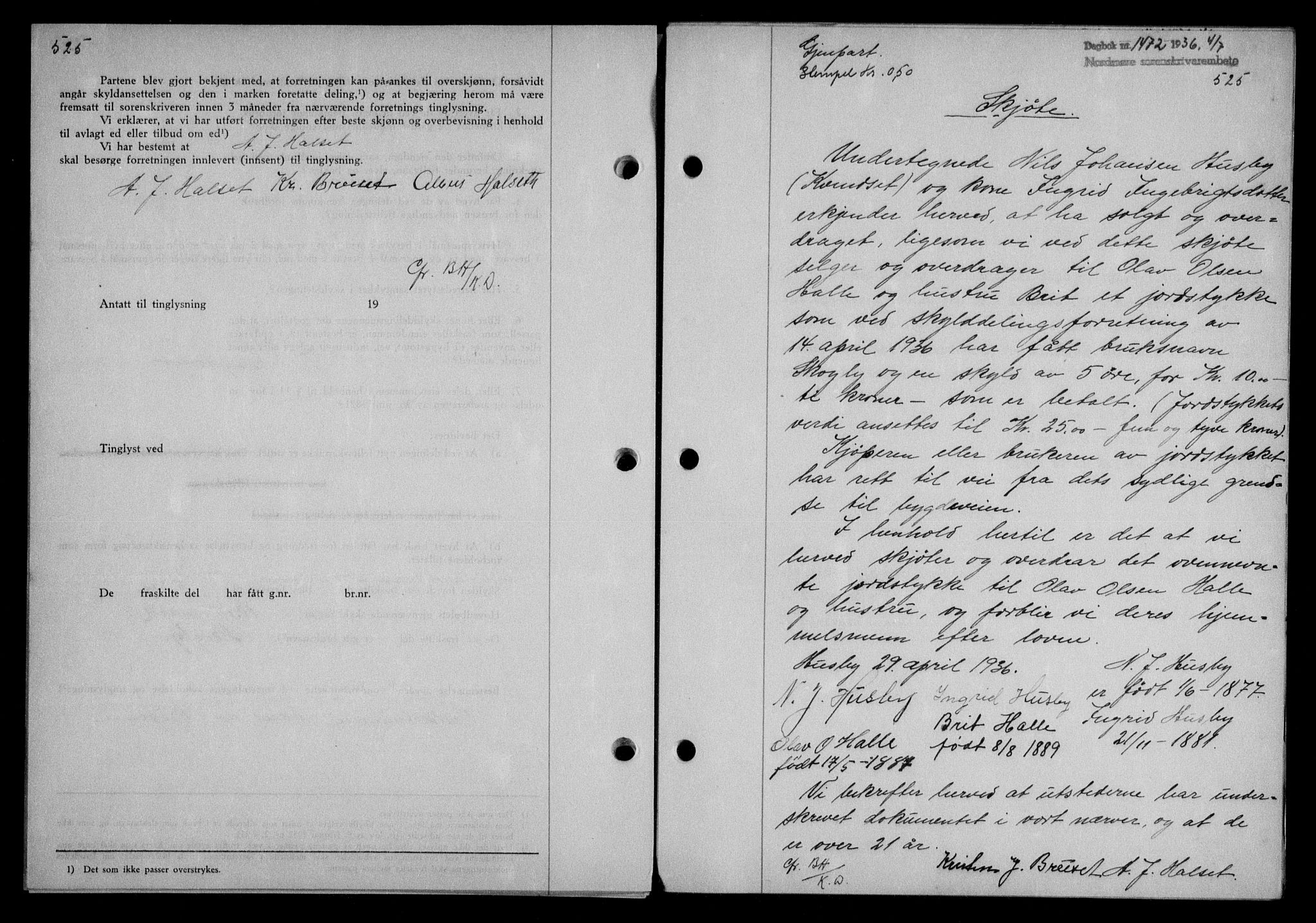 Nordmøre sorenskriveri, AV/SAT-A-4132/1/2/2Ca/L0088: Mortgage book no. 78, 1936-1936, Diary no: : 1472/1936