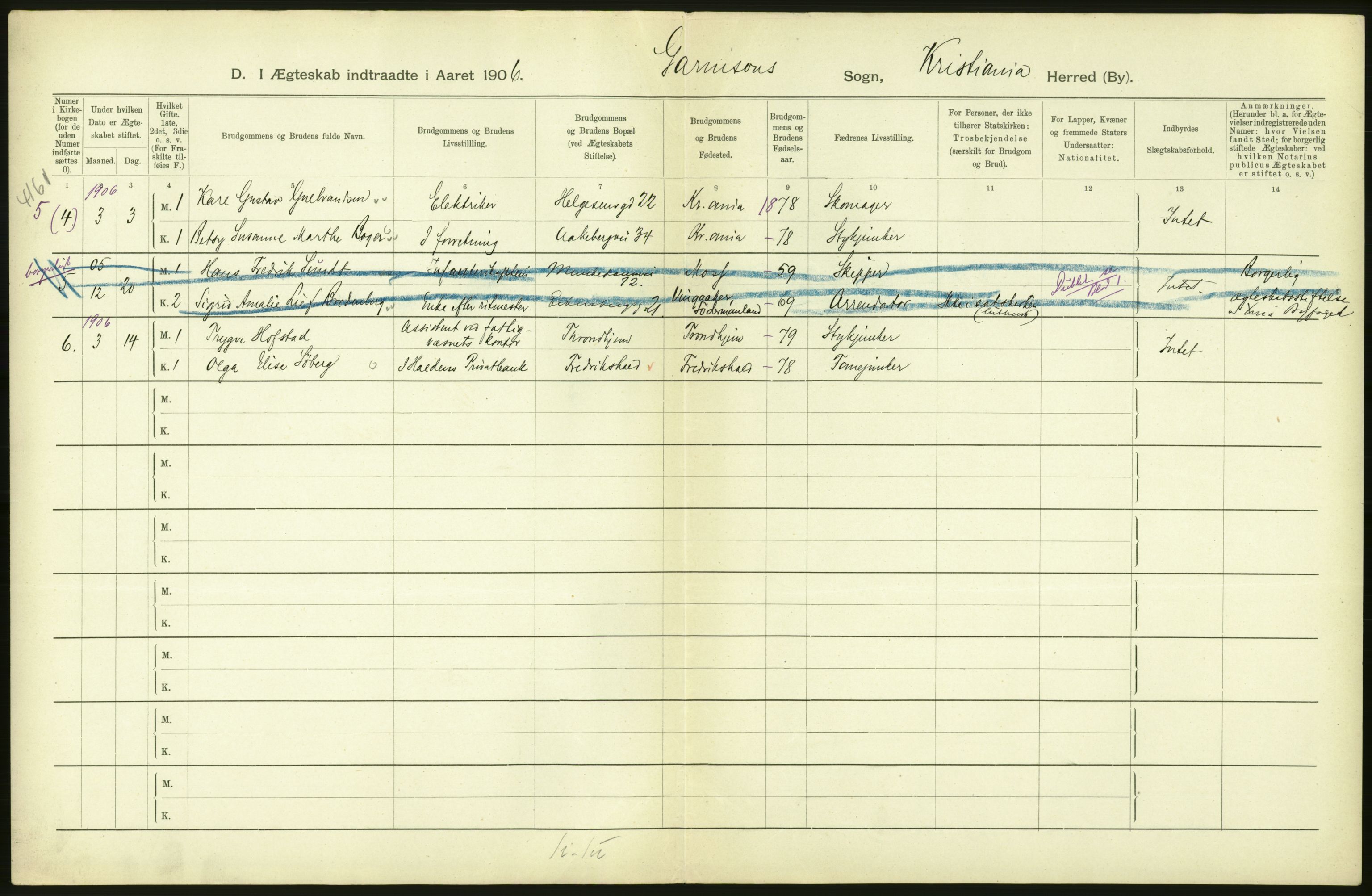 Statistisk sentralbyrå, Sosiodemografiske emner, Befolkning, AV/RA-S-2228/D/Df/Dfa/Dfad/L0008: Kristiania: Gifte, 1906, p. 436