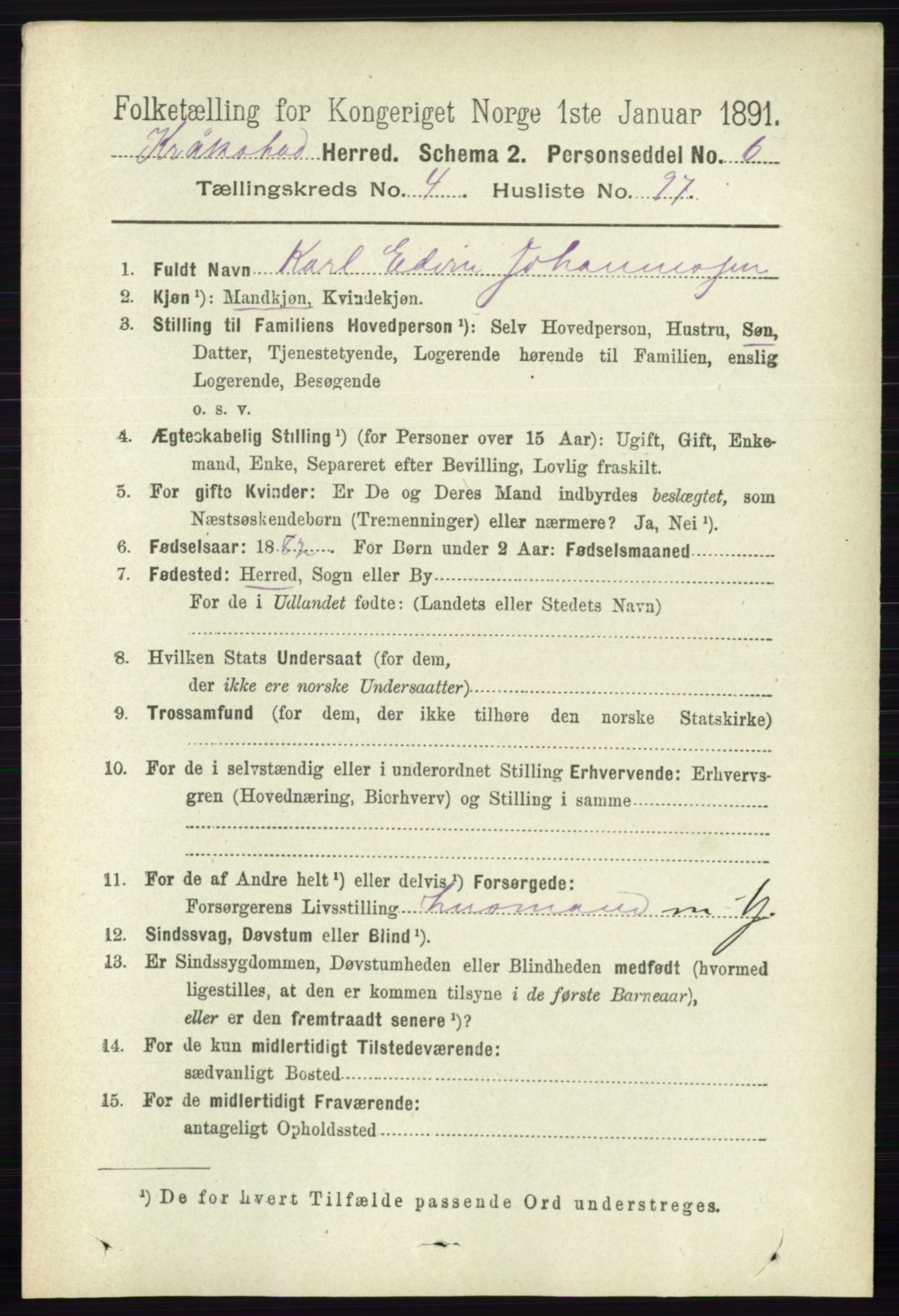 RA, 1891 census for 0212 Kråkstad, 1891, p. 2390