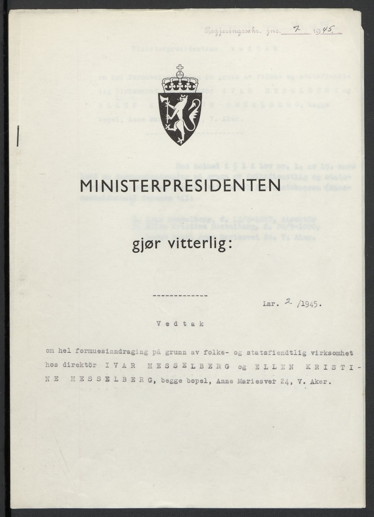 Landssvikarkivet, Oslo politikammer, AV/RA-S-3138-01/D/Da/L0003: Dnr. 29, 1945, p. 1308