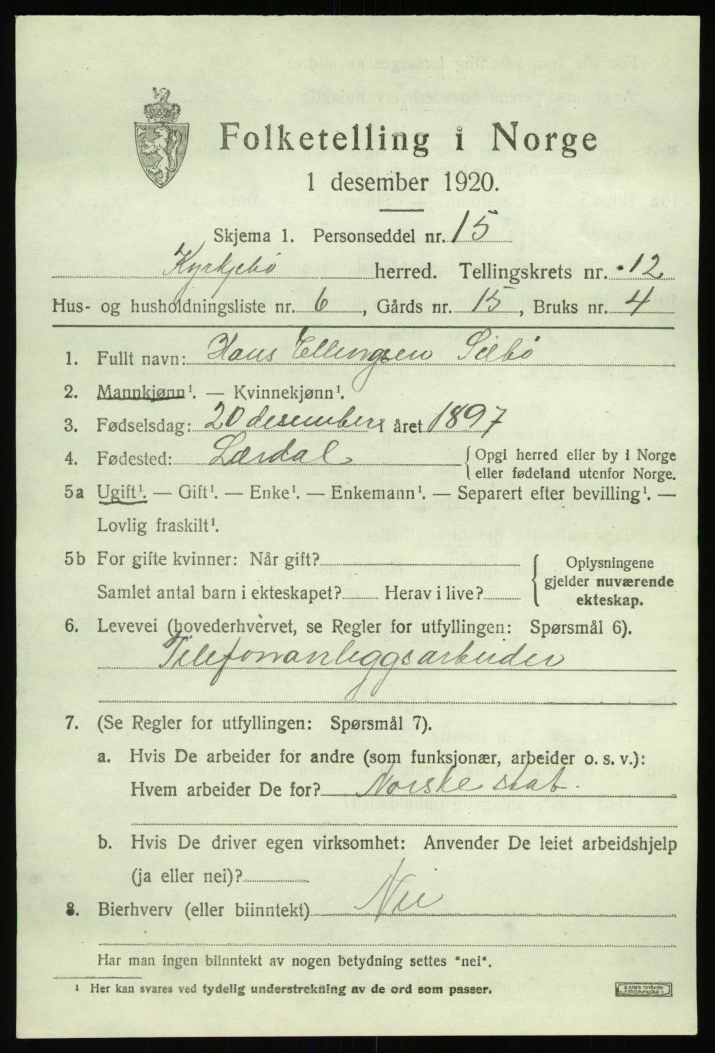 SAB, 1920 census for Kyrkjebø, 1920, p. 5979