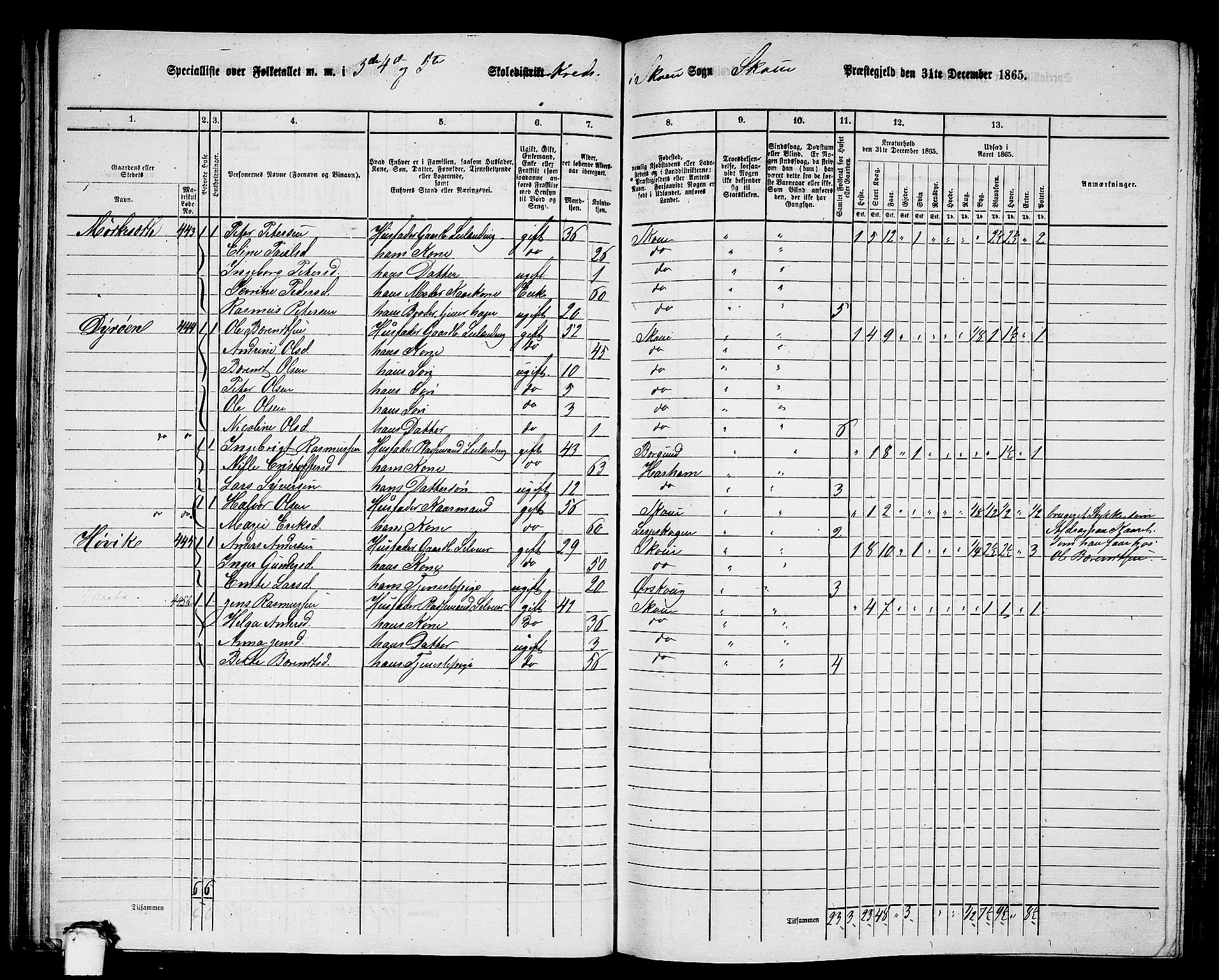 RA, 1865 census for Skodje, 1865, p. 43