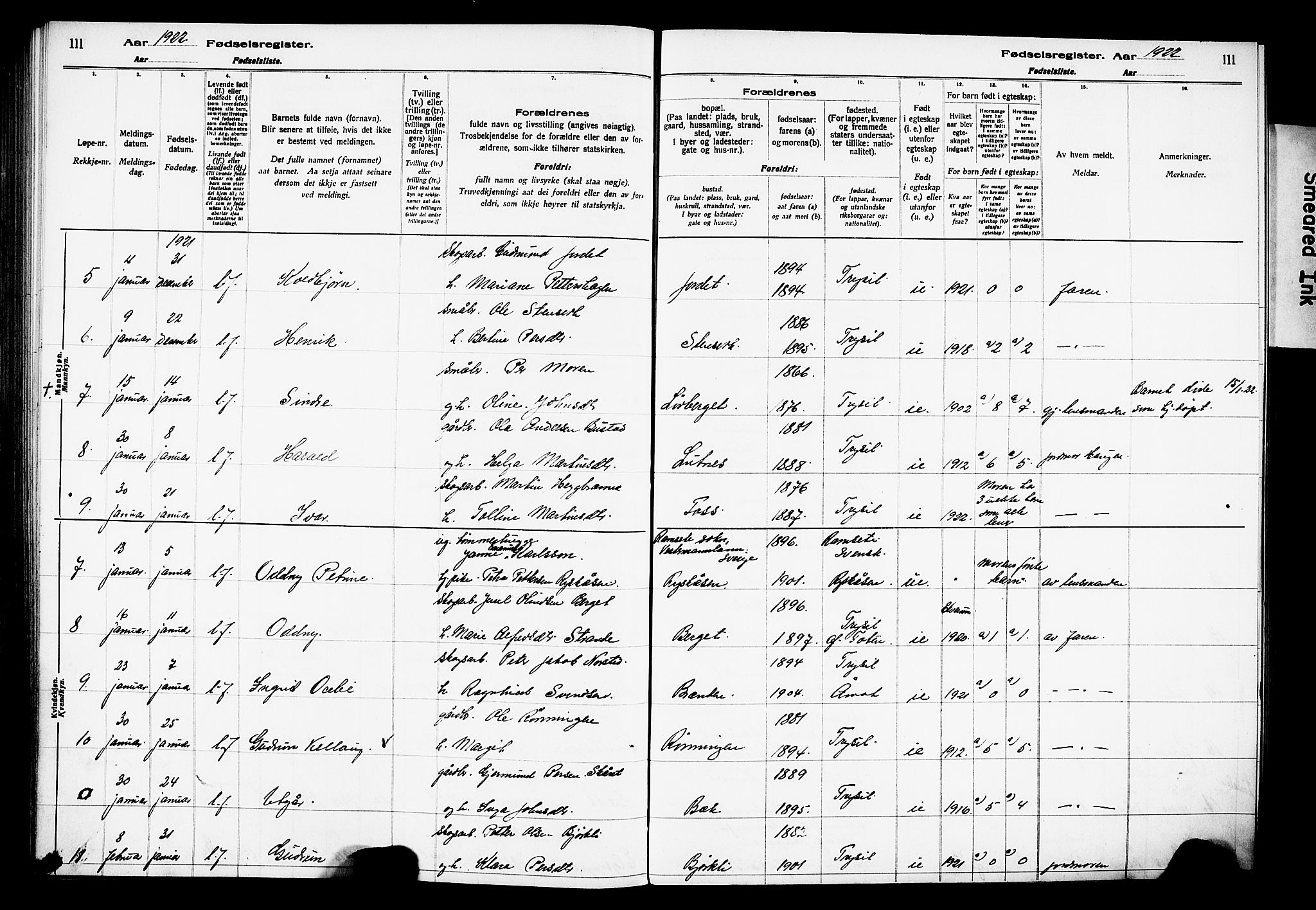 Trysil prestekontor, AV/SAH-PREST-046/I/Id/Ida/L0001: Birth register no. I 1, 1916-1927, p. 111