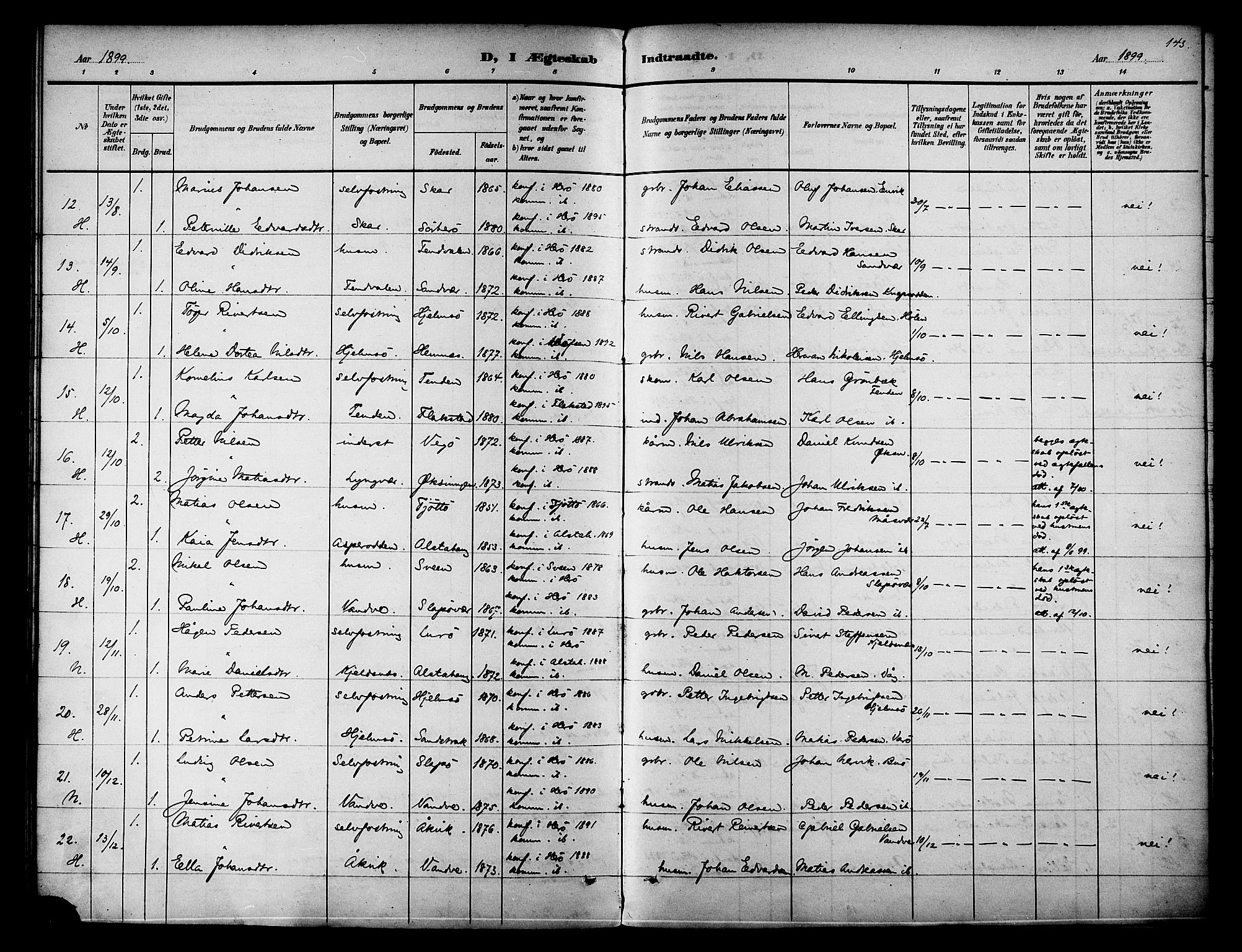 Ministerialprotokoller, klokkerbøker og fødselsregistre - Nordland, AV/SAT-A-1459/834/L0508: Parish register (official) no. 834A06, 1892-1901, p. 143