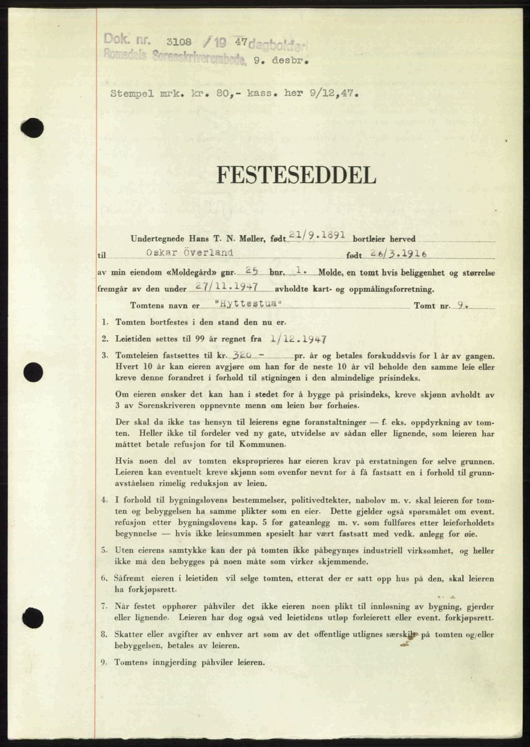 Romsdal sorenskriveri, SAT/A-4149/1/2/2C: Mortgage book no. A24, 1947-1947, Diary no: : 3108/1947