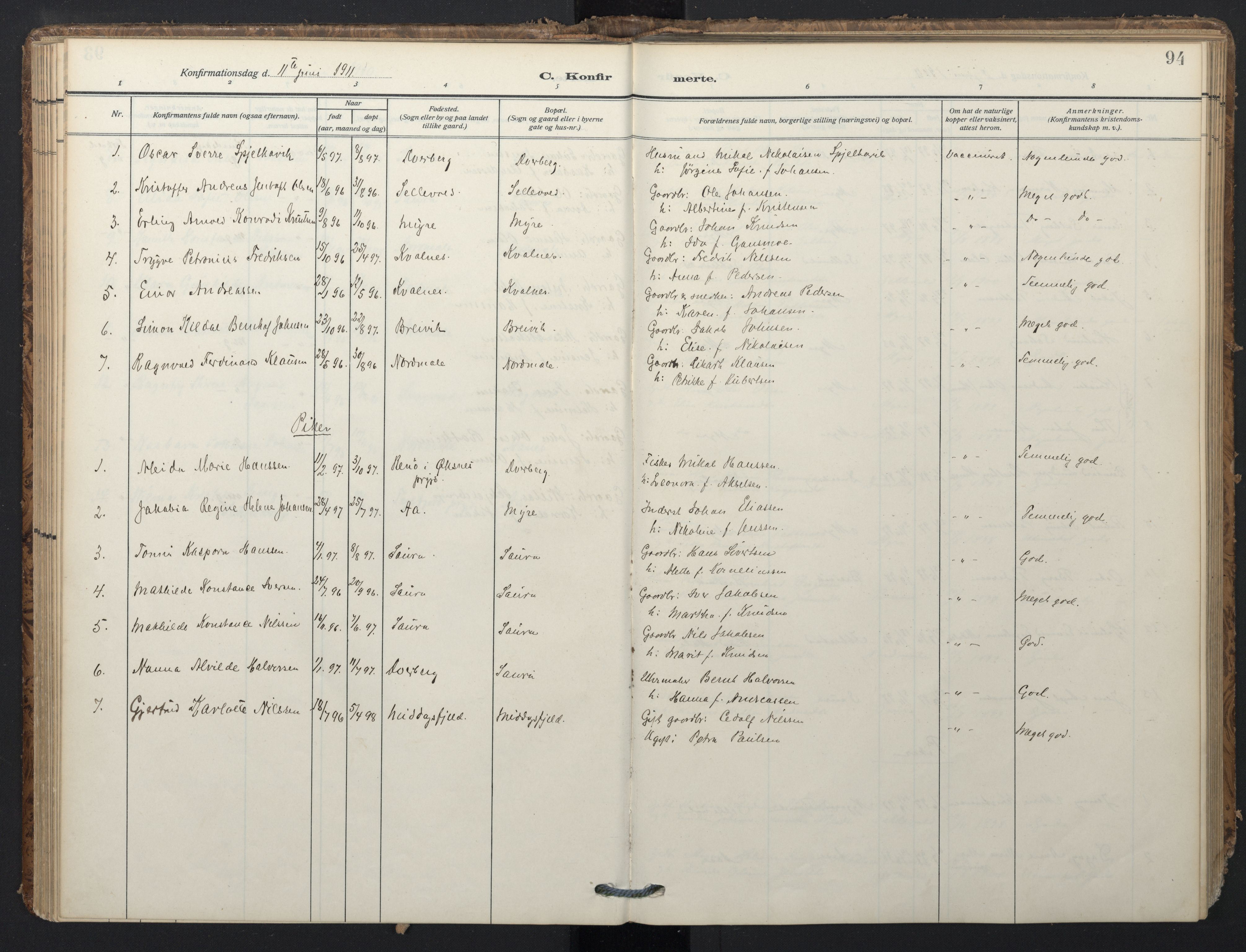 Ministerialprotokoller, klokkerbøker og fødselsregistre - Nordland, SAT/A-1459/897/L1401: Parish register (official) no. 897A08, 1909-1921, p. 94