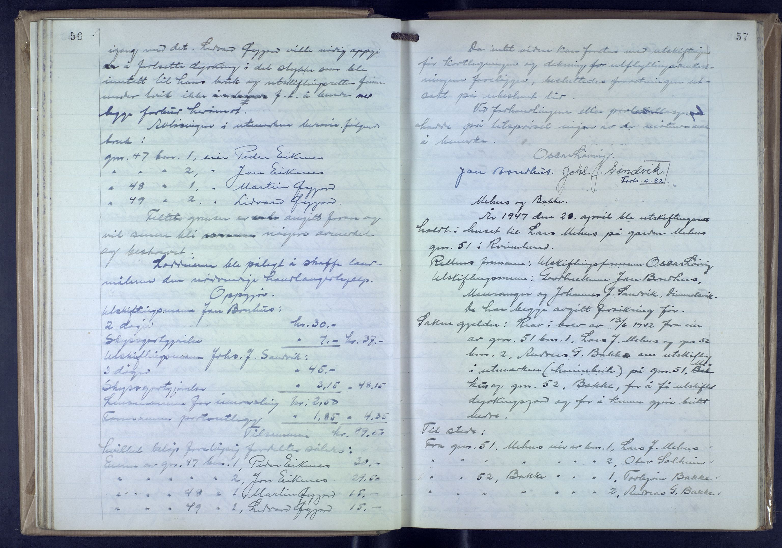 Hordaland jordskiftedøme - VII Indre Sunnhordland jordskiftedistrikt, AV/SAB-A-7401/A/Aa/L0025: Forhandlingsprotokoll, 1946-1952, p. 56-57