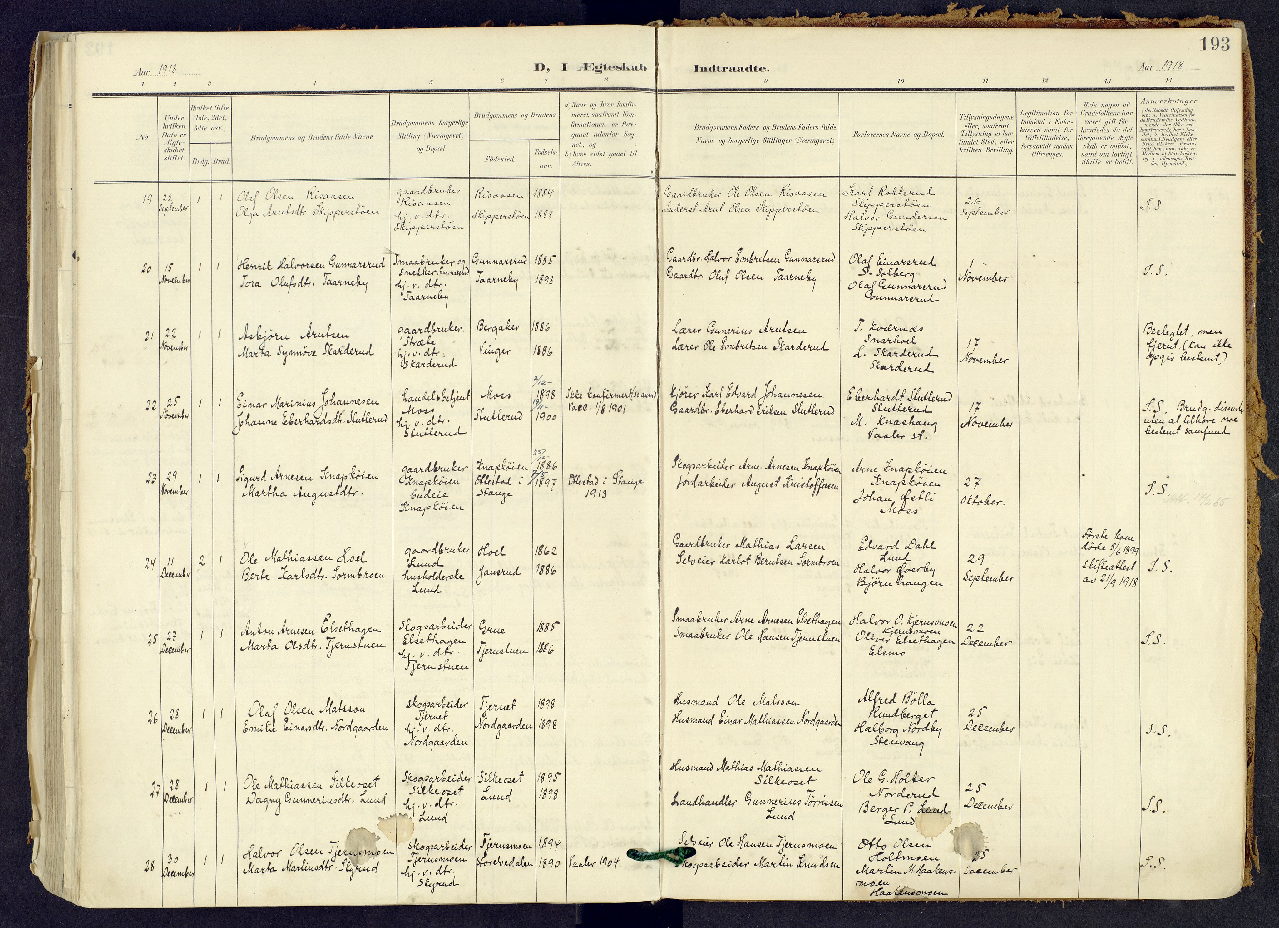 Våler prestekontor, Hedmark, AV/SAH-PREST-040/H/Ha/Haa/L0008: Parish register (official) no. 8, 1905-1921, p. 193