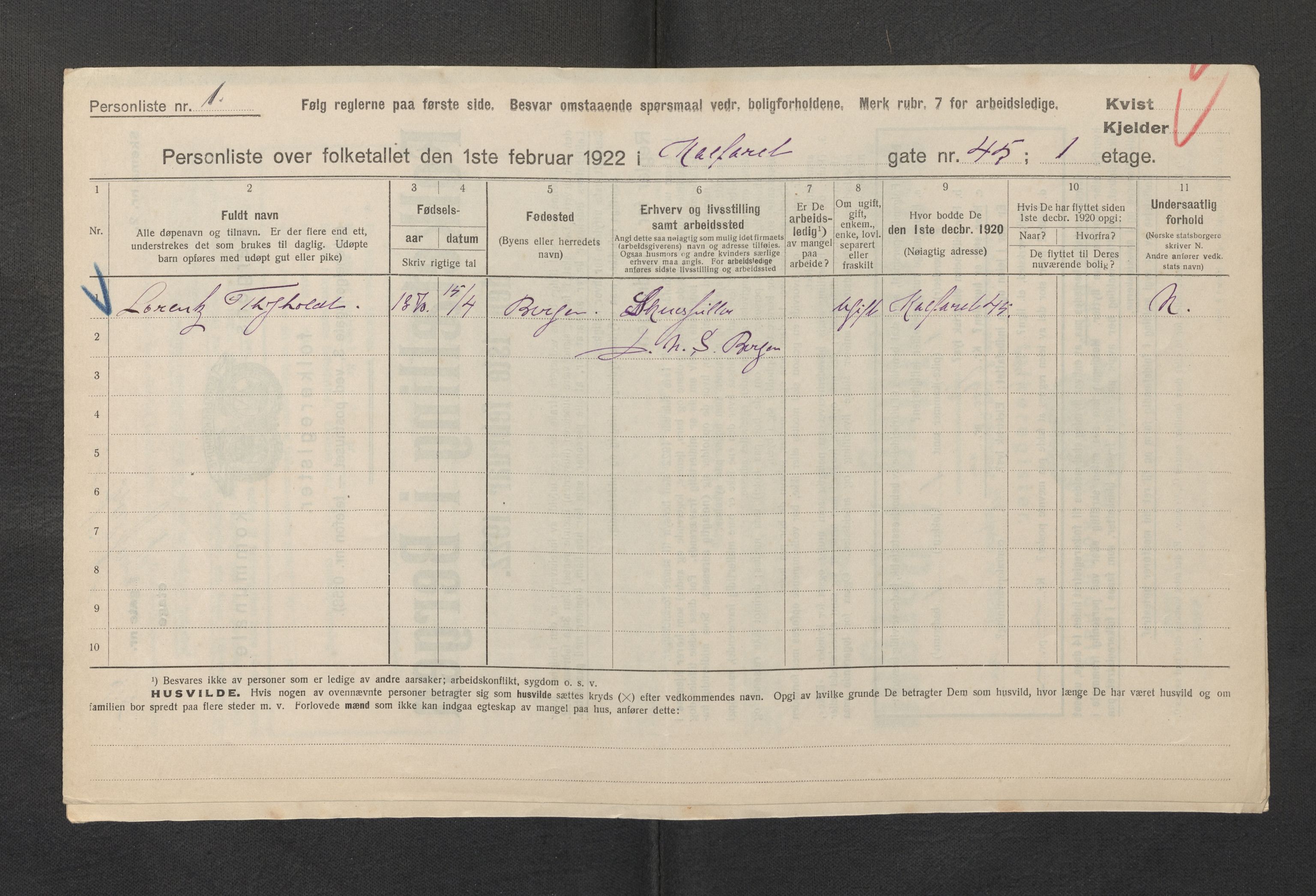 SAB, Municipal Census 1922 for Bergen, 1922, p. 17605