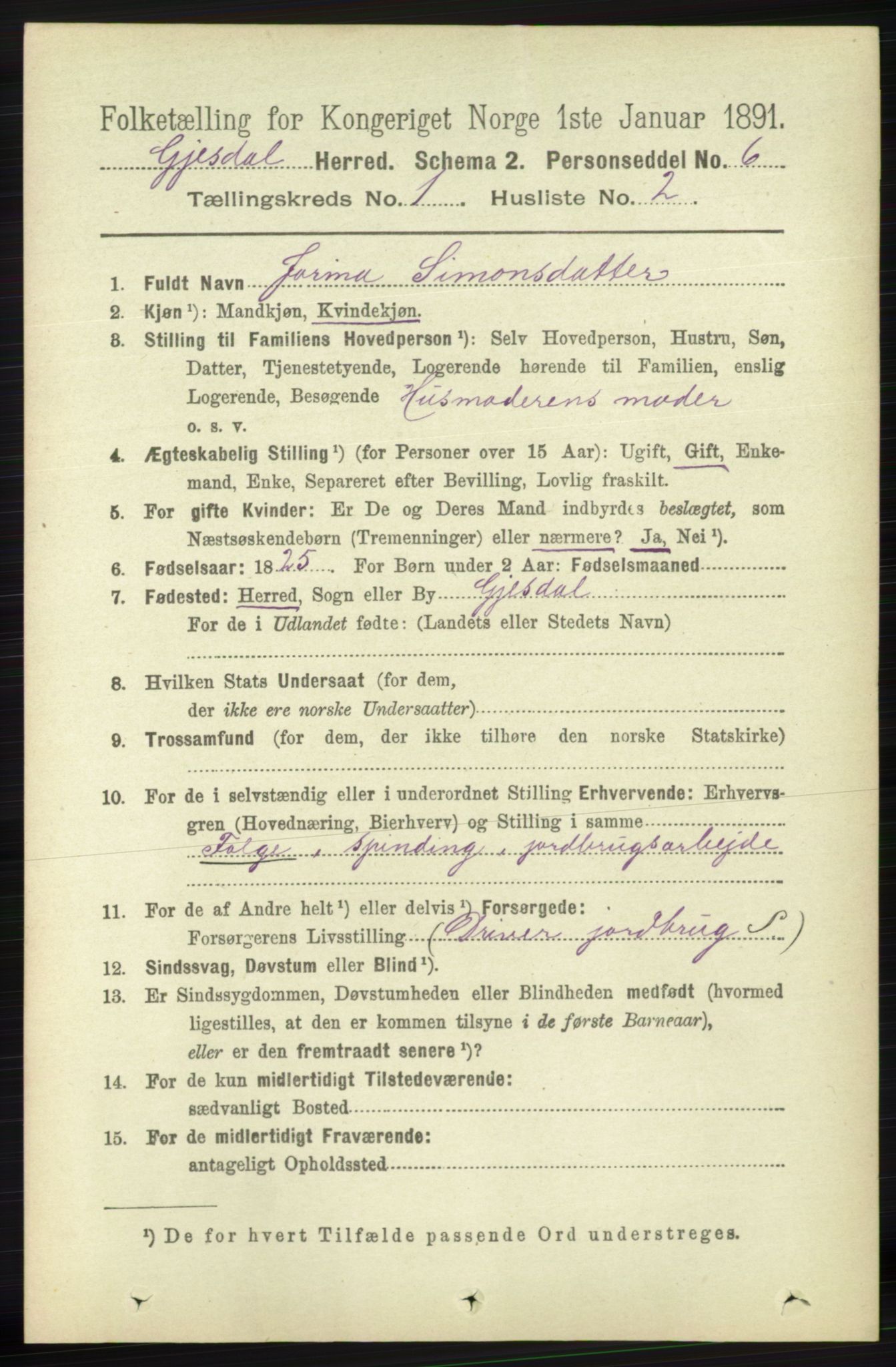 RA, 1891 census for 1122 Gjesdal, 1891, p. 70