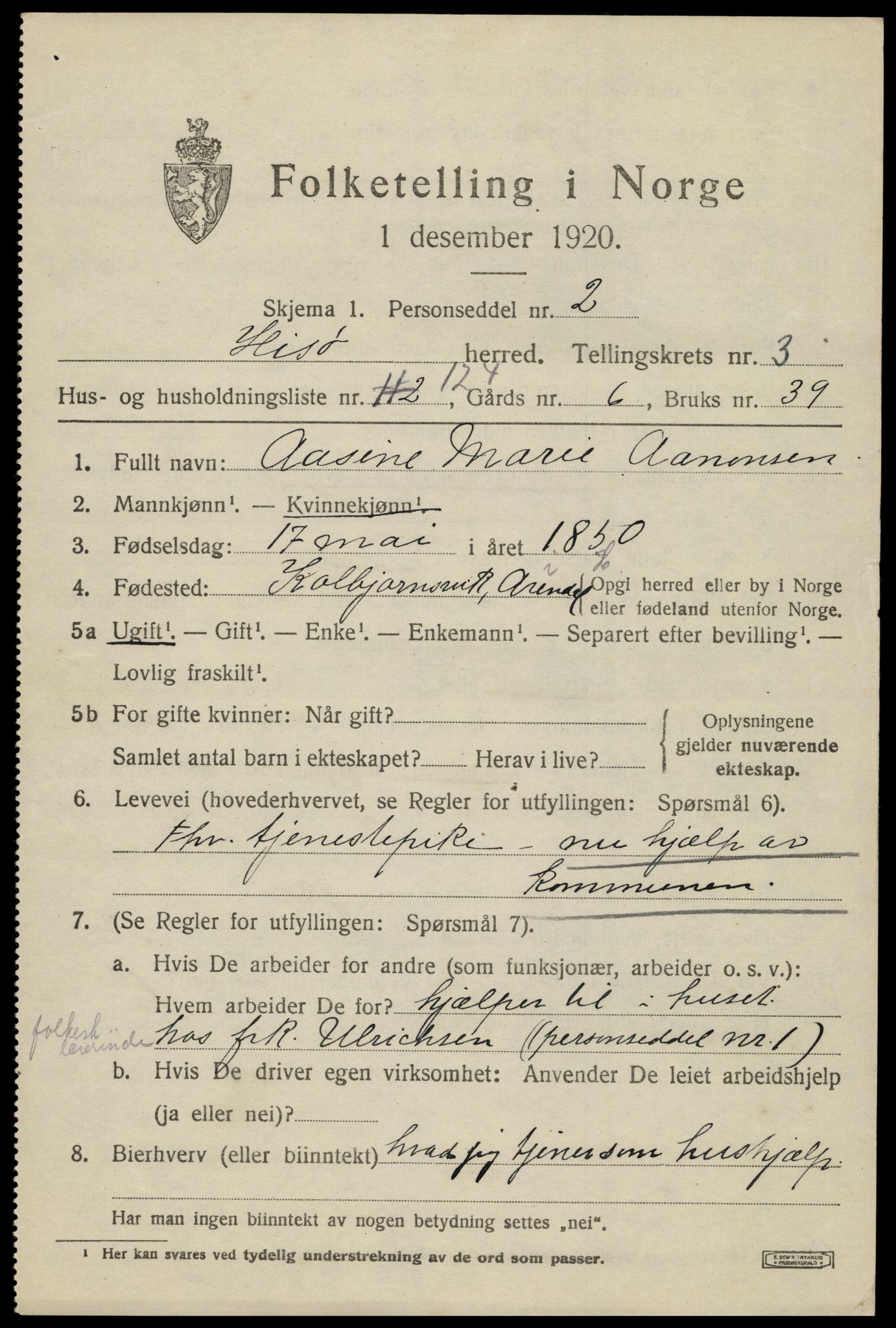 SAK, 1920 census for Hisøy, 1920, p. 5322