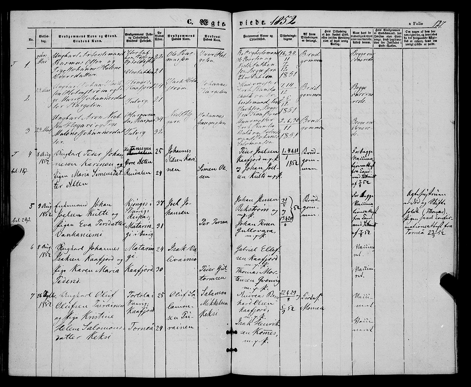 Talvik sokneprestkontor, SATØ/S-1337/H/Ha/L0016kirke: Parish register (official) no. 16, 1847-1857, p. 127