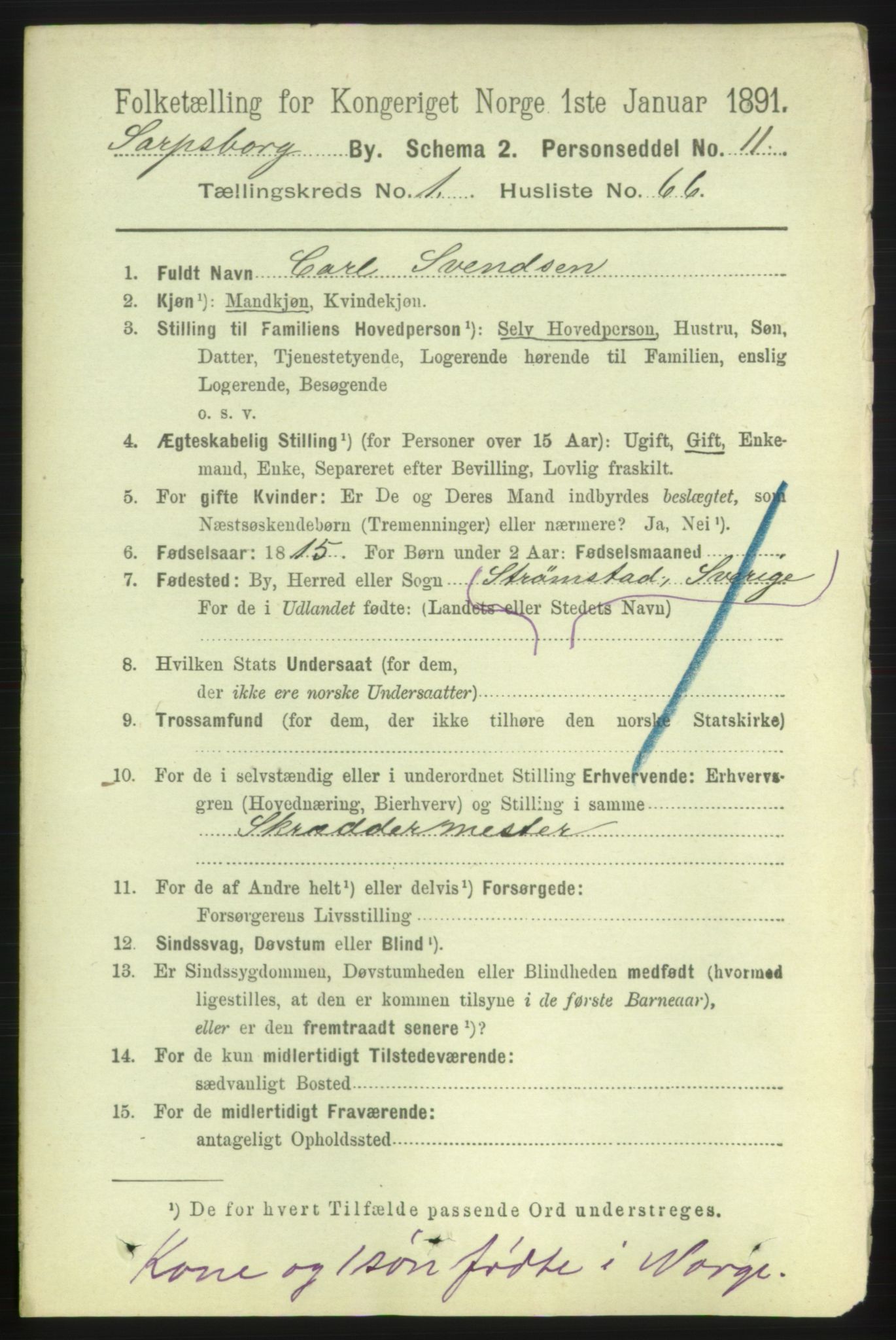 RA, 1891 census for 0102 Sarpsborg, 1891, p. 812