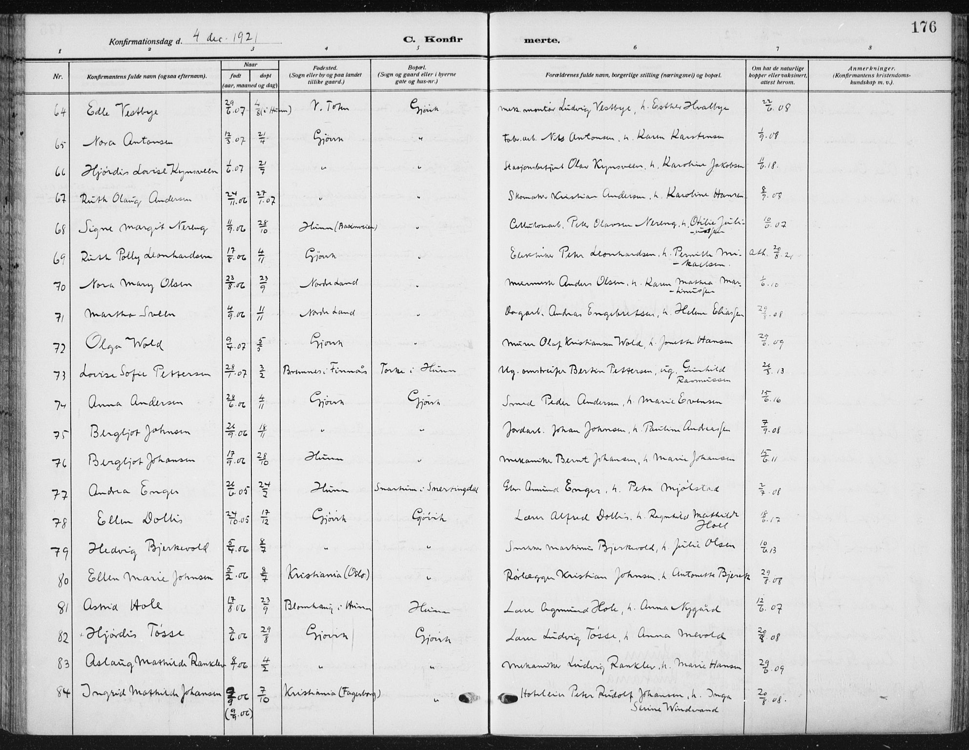 Vardal prestekontor, SAH/PREST-100/H/Ha/Haa/L0014: Parish register (official) no. 14, 1912-1922, p. 176