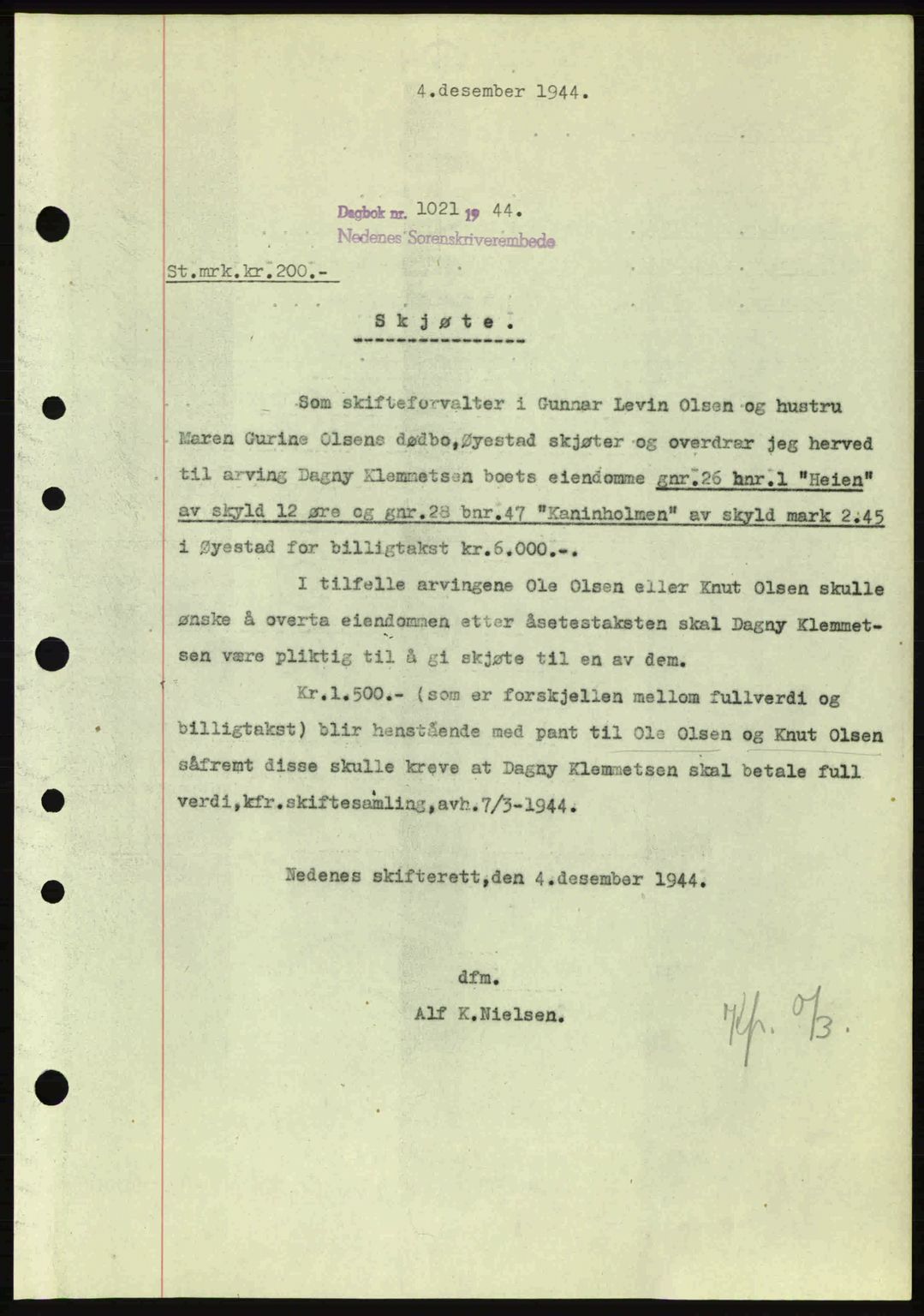 Nedenes sorenskriveri, SAK/1221-0006/G/Gb/Gba/L0052: Mortgage book no. A6a, 1944-1945, Diary no: : 1021/1944