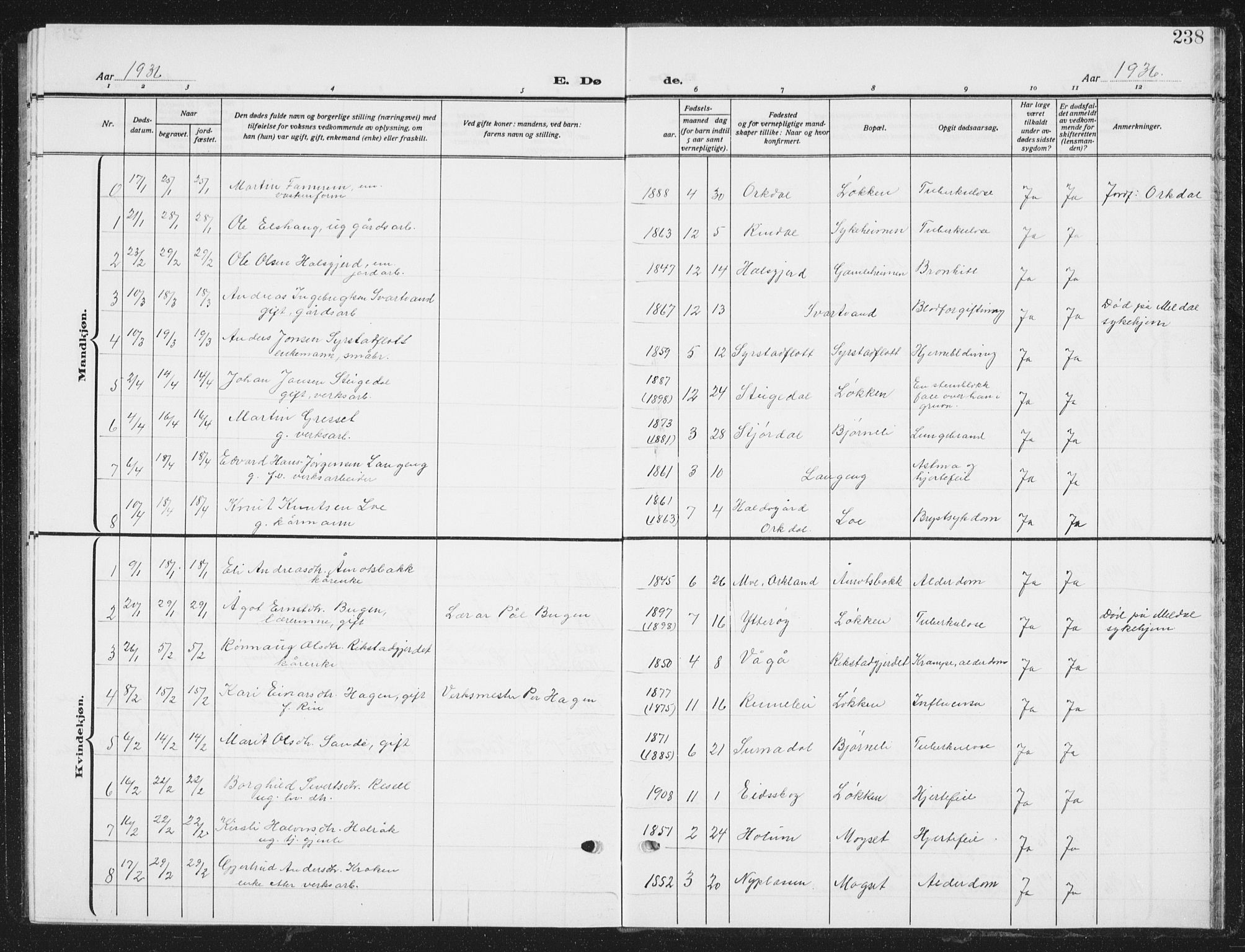 Ministerialprotokoller, klokkerbøker og fødselsregistre - Sør-Trøndelag, SAT/A-1456/672/L0866: Parish register (copy) no. 672C05, 1929-1939, p. 238