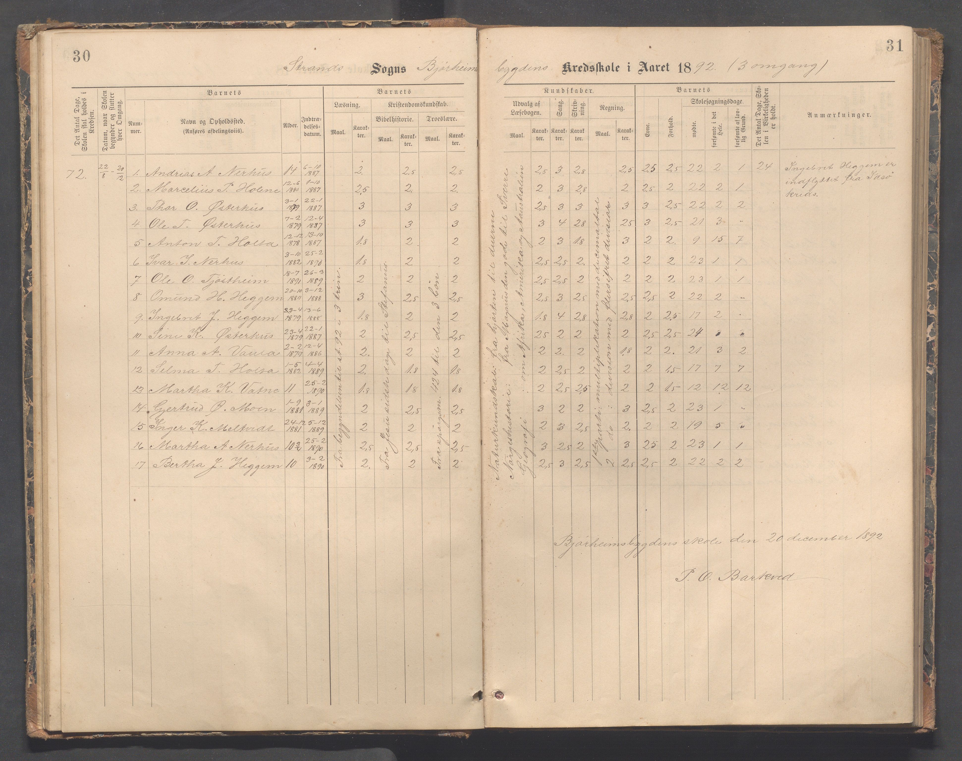 Strand kommune - Bjørheimsbygd skole, IKAR/A-147/H/L0002: Skoleprotokoll for Bjørheimsbygd og Lekvam krets, 1891-1907, p. 30-31