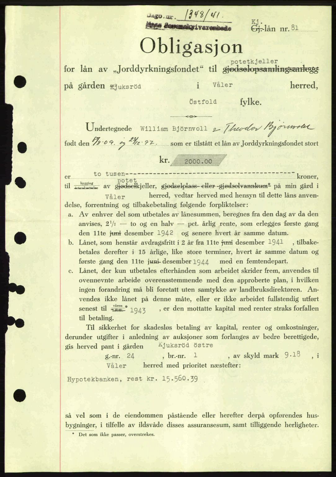 Moss sorenskriveri, AV/SAO-A-10168: Mortgage book no. B11, 1941-1942, Diary no: : 1348/1941