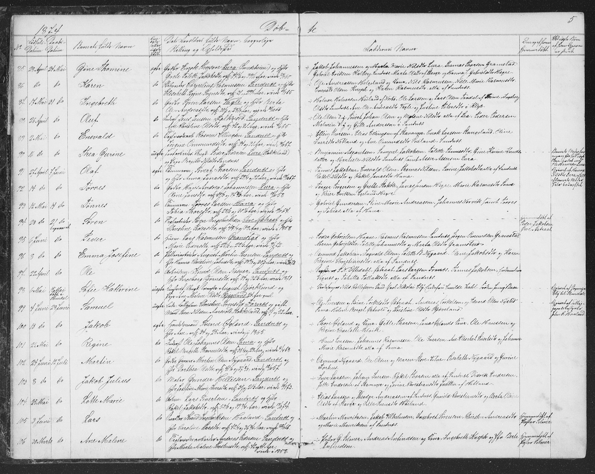Høyland sokneprestkontor, AV/SAST-A-101799/001/30BB/L0002: Parish register (copy) no. B 2, 1874-1886, p. 5