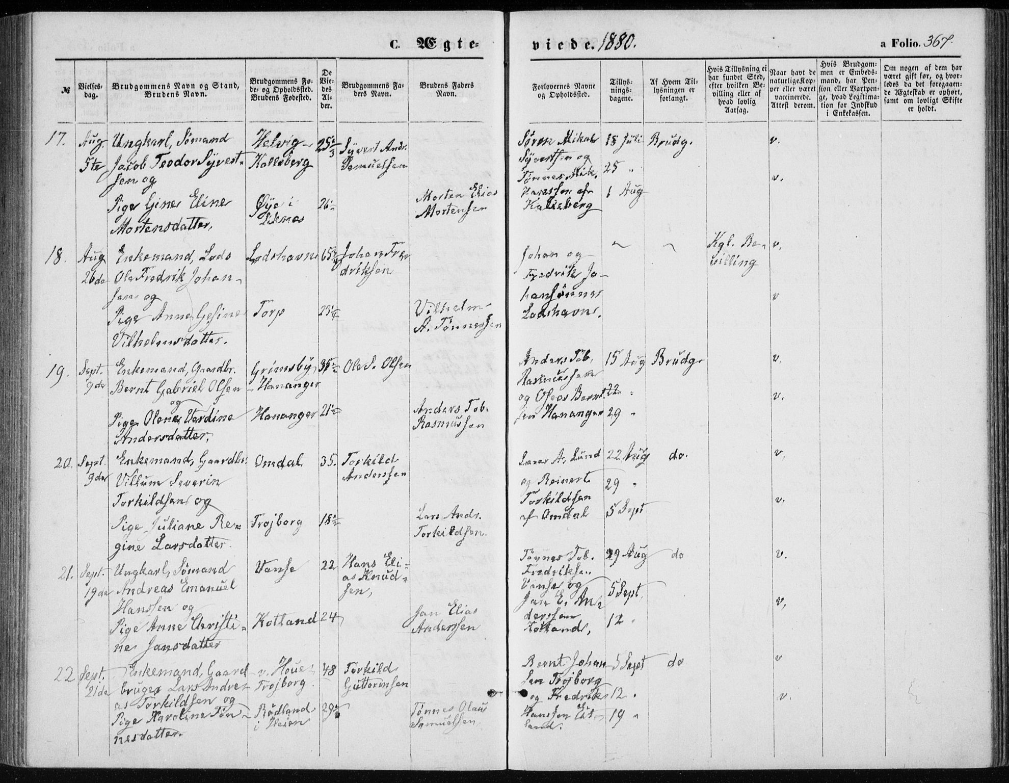 Lista sokneprestkontor, AV/SAK-1111-0027/F/Fb/L0004: Parish register (copy) no. B 4, 1877-1891, p. 367