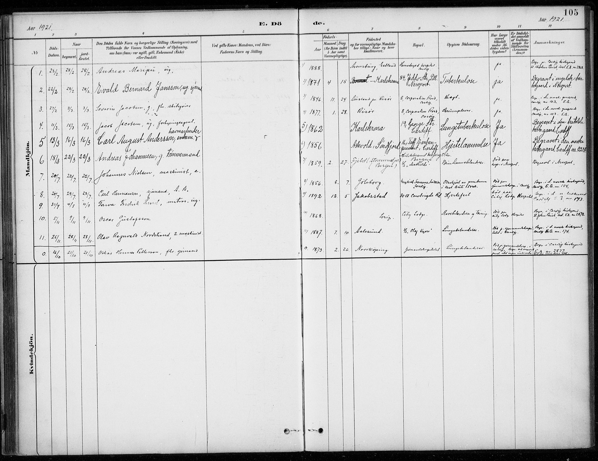 Den norske sjømannsmisjon i utlandet/Bristolhavnene(Cardiff-Swansea), SAB/SAB/PA-0102/H/Ha/Haa/L0002: Parish register (official) no. A 2, 1887-1932, p. 105