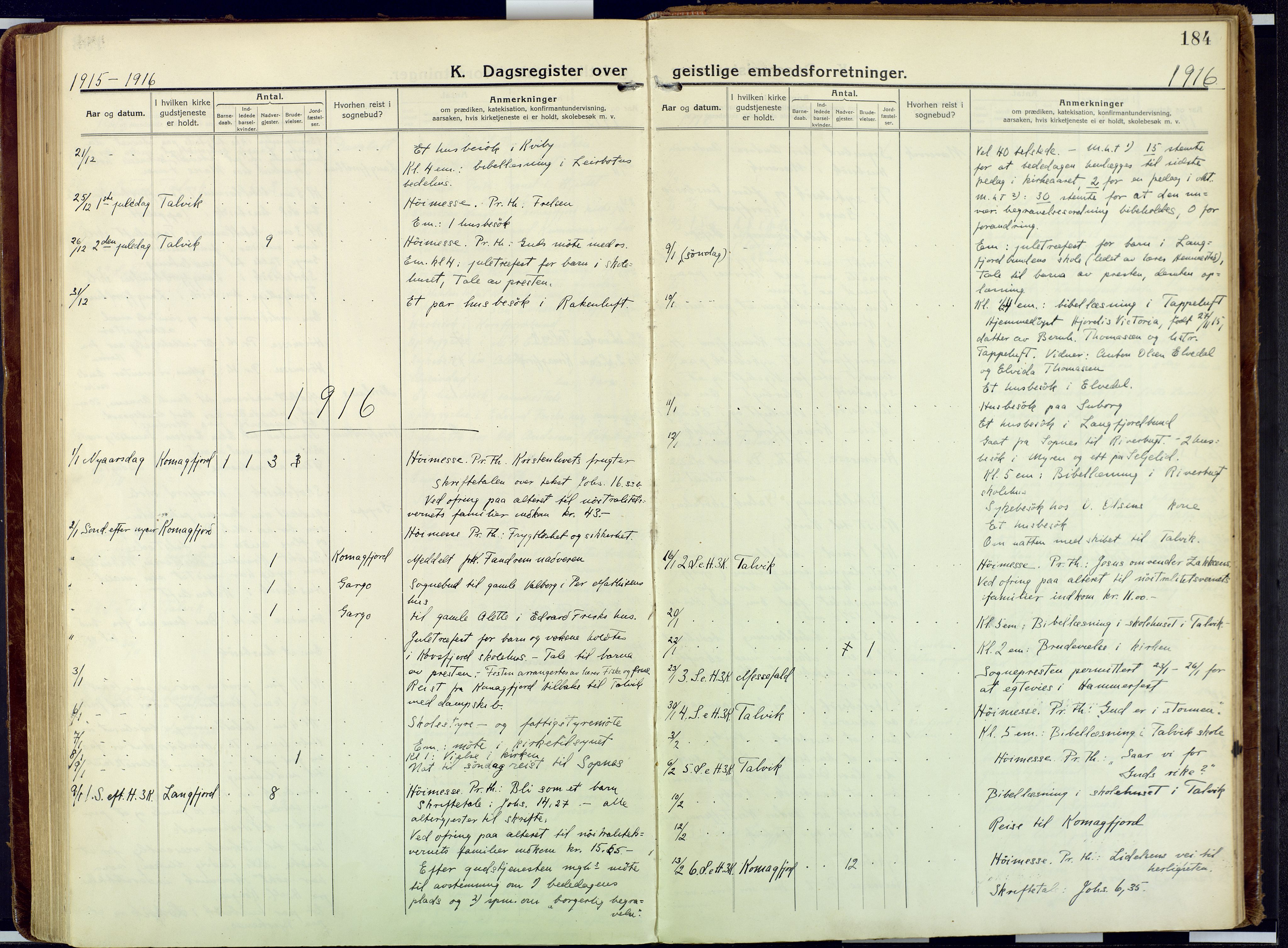 Talvik sokneprestkontor, SATØ/S-1337/H/Ha/L0018kirke: Parish register (official) no. 18, 1915-1924, p. 184
