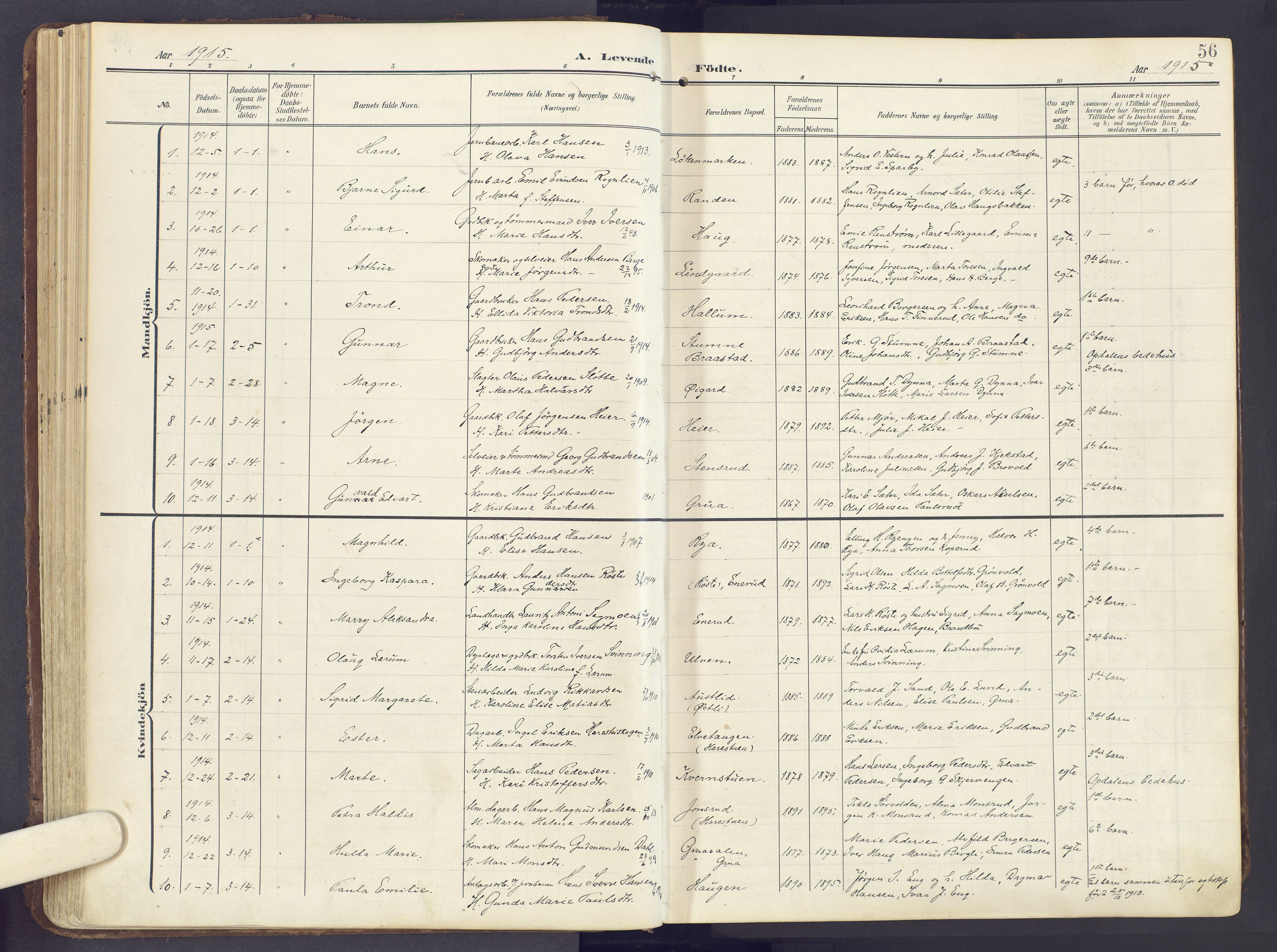 Lunner prestekontor, SAH/PREST-118/H/Ha/Haa/L0001: Parish register (official) no. 1, 1907-1922, p. 56