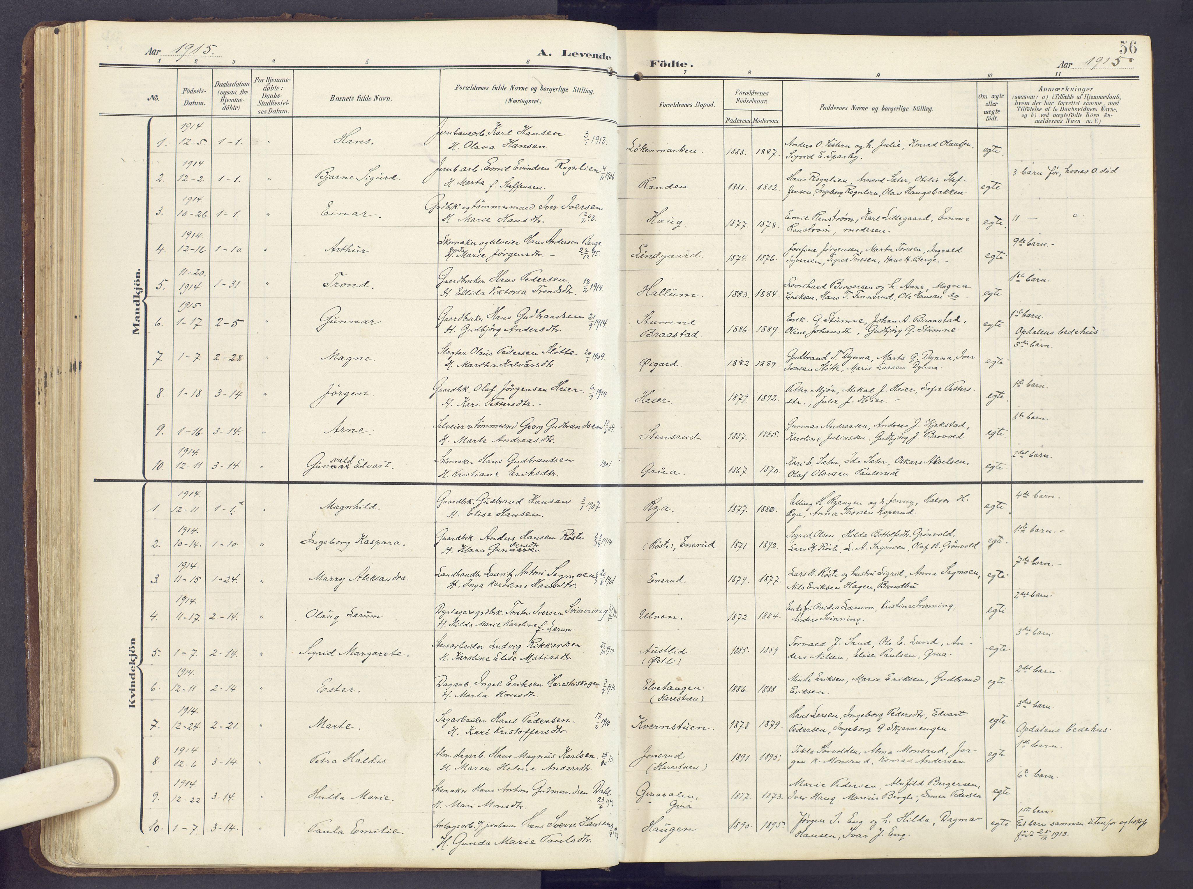 Lunner prestekontor, AV/SAH-PREST-118/H/Ha/Haa/L0001: Parish register (official) no. 1, 1907-1922, p. 56