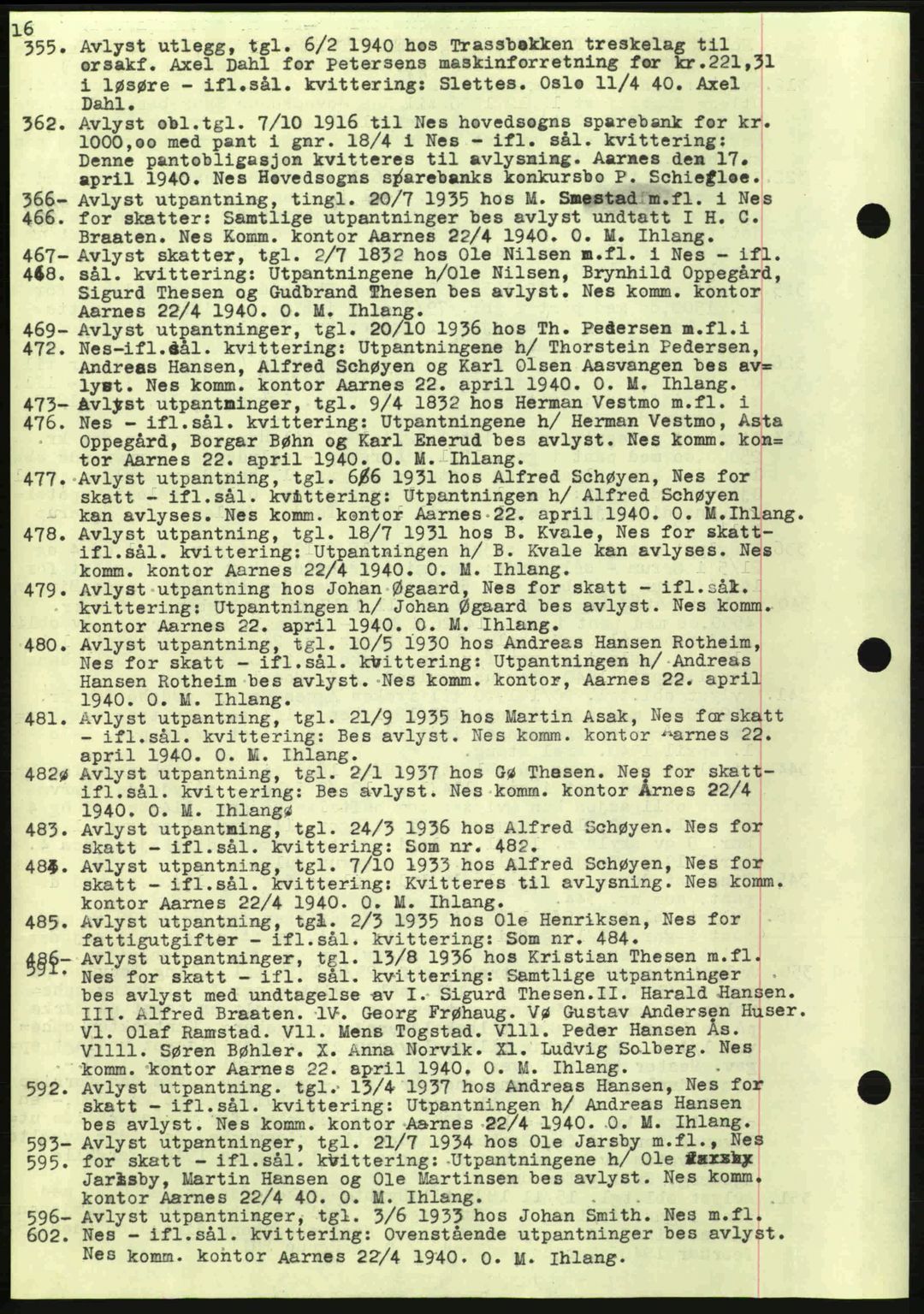 Nes tingrett, SAO/A-10548/G/Gb/Gbb/L0010: Mortgage book no. 54, 1939-1940, Diary no: : 355/1940