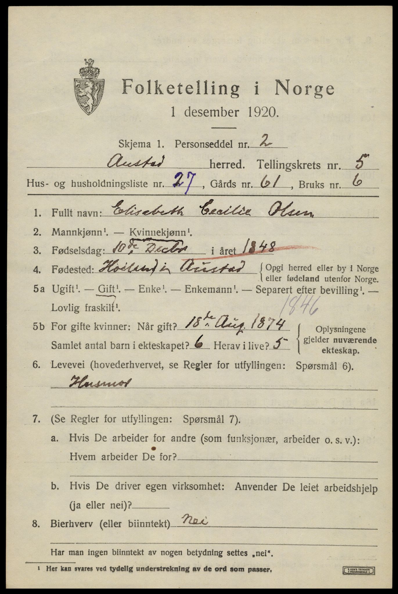 SAK, 1920 census for Austad, 1920, p. 1869