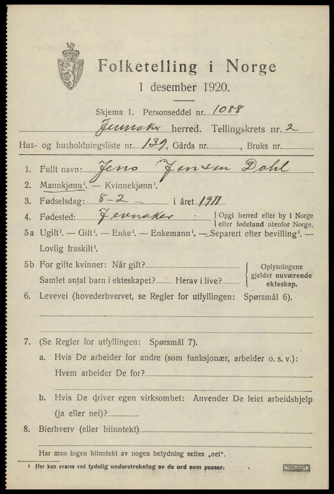 SAH, 1920 census for Jevnaker, 1920, p. 3577