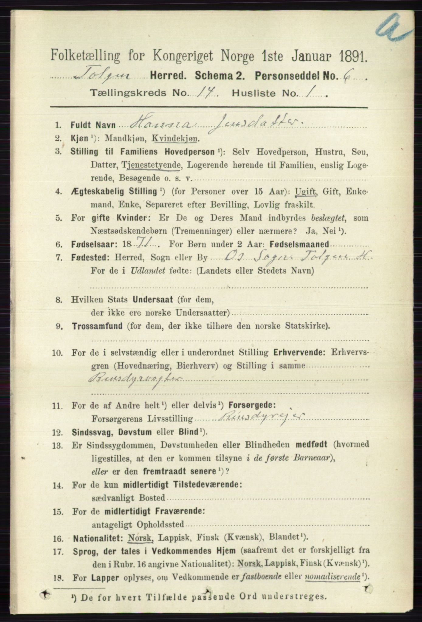 RA, 1891 census for 0436 Tolga, 1891, p. 4130