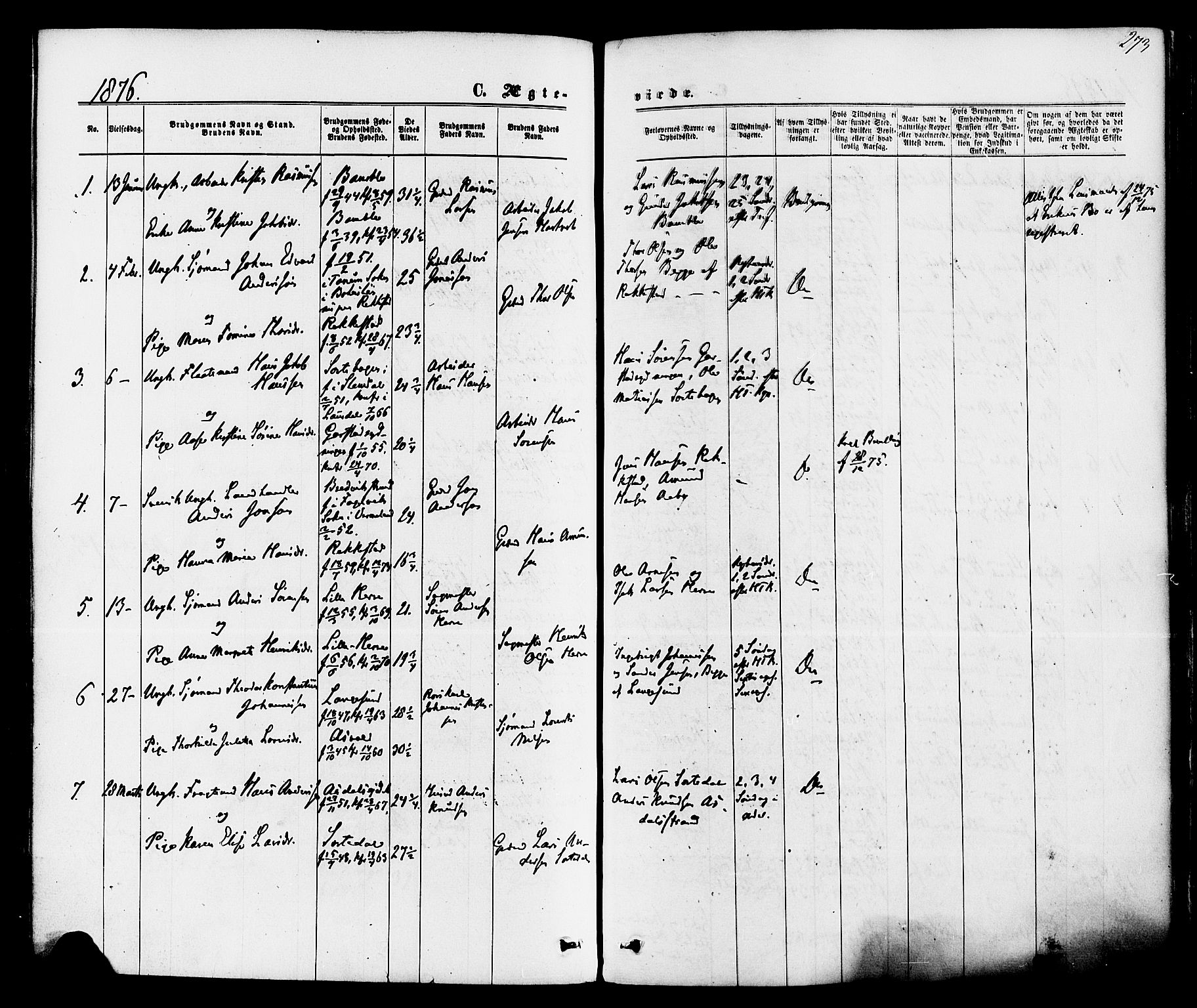 Bamble kirkebøker, SAKO/A-253/F/Fa/L0006: Parish register (official) no. I 6, 1869-1877, p. 273