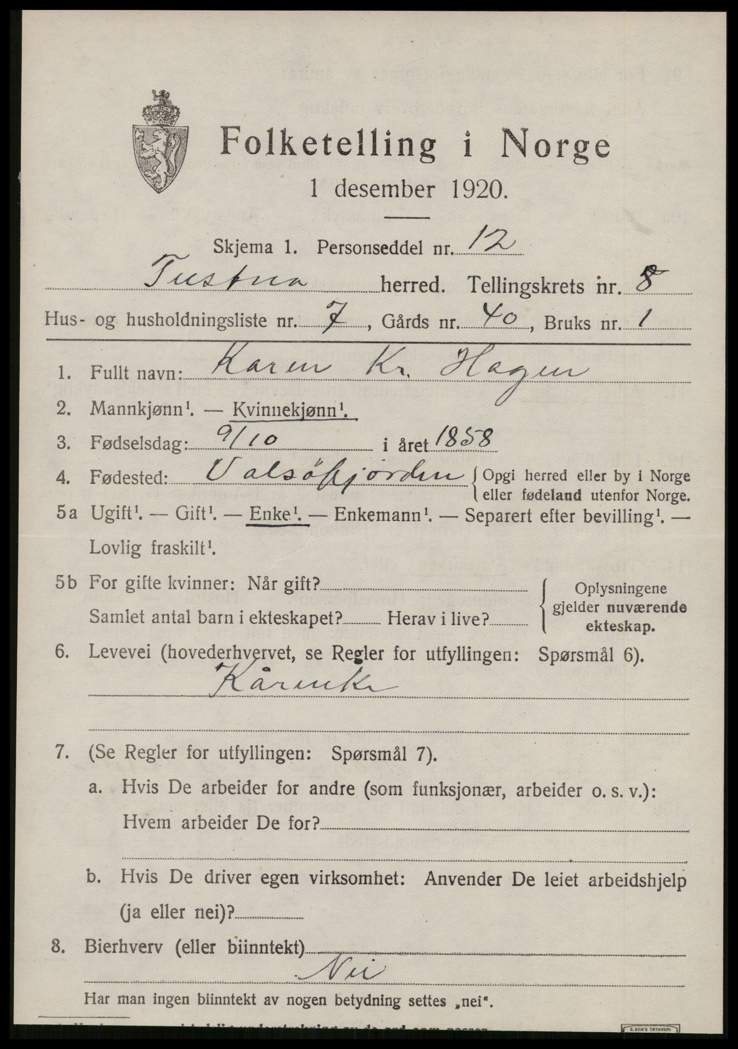 SAT, 1920 census for Tustna, 1920, p. 3687