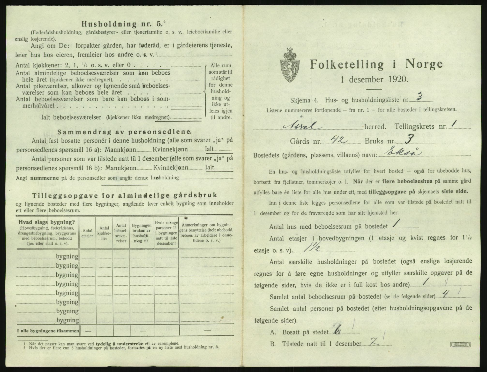SAK, 1920 census for Åseral, 1920, p. 46