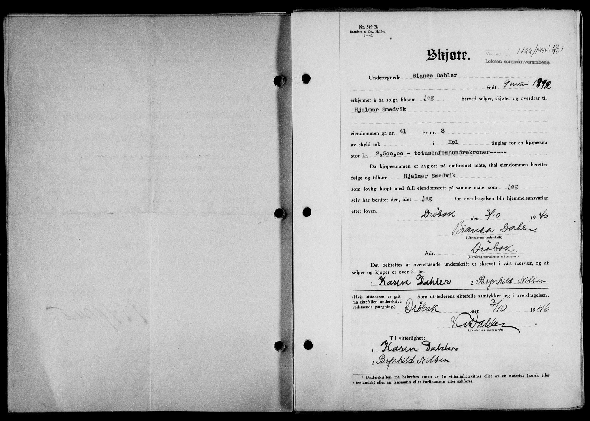 Lofoten sorenskriveri, SAT/A-0017/1/2/2C/L0014a: Mortgage book no. 14a, 1946-1946, Diary no: : 1422/1946