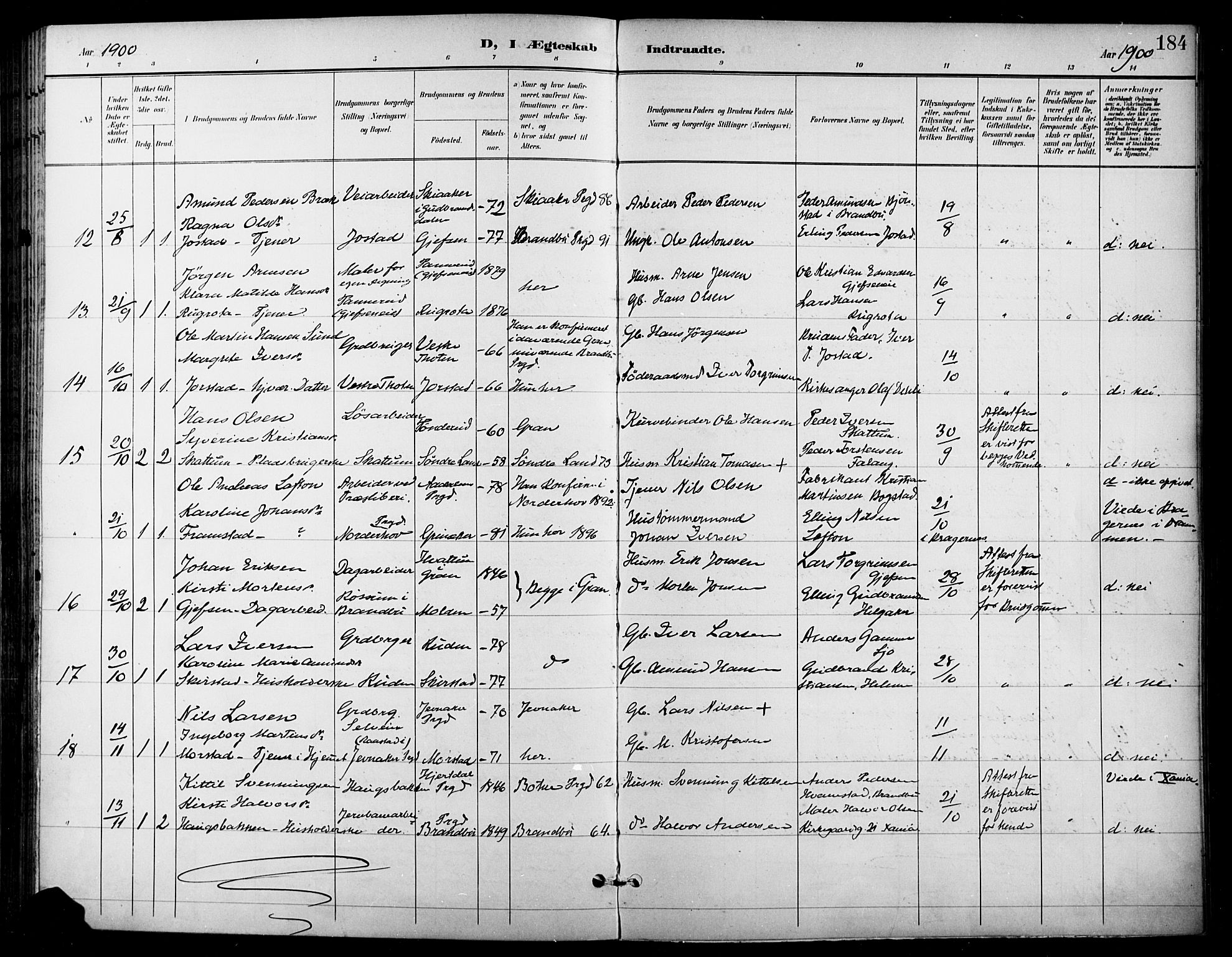 Gran prestekontor, SAH/PREST-112/H/Ha/Haa/L0019: Parish register (official) no. 19, 1898-1907, p. 184