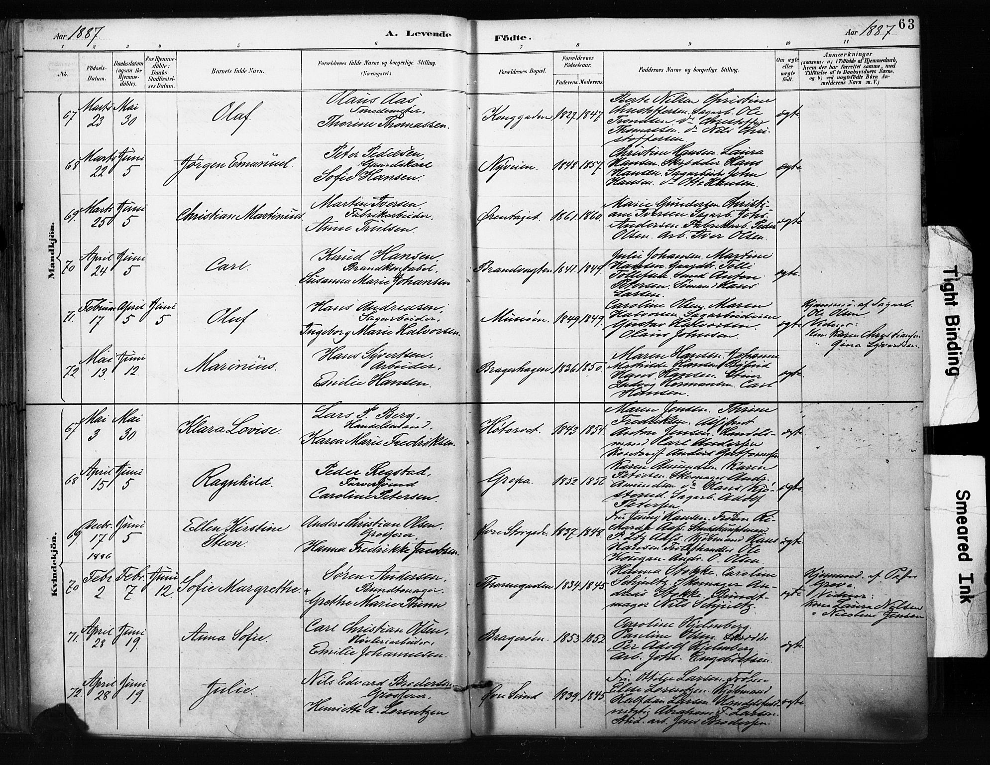 Bragernes kirkebøker, SAKO/A-6/F/Fb/L0007: Parish register (official) no. II 7, 1885-1893, p. 63