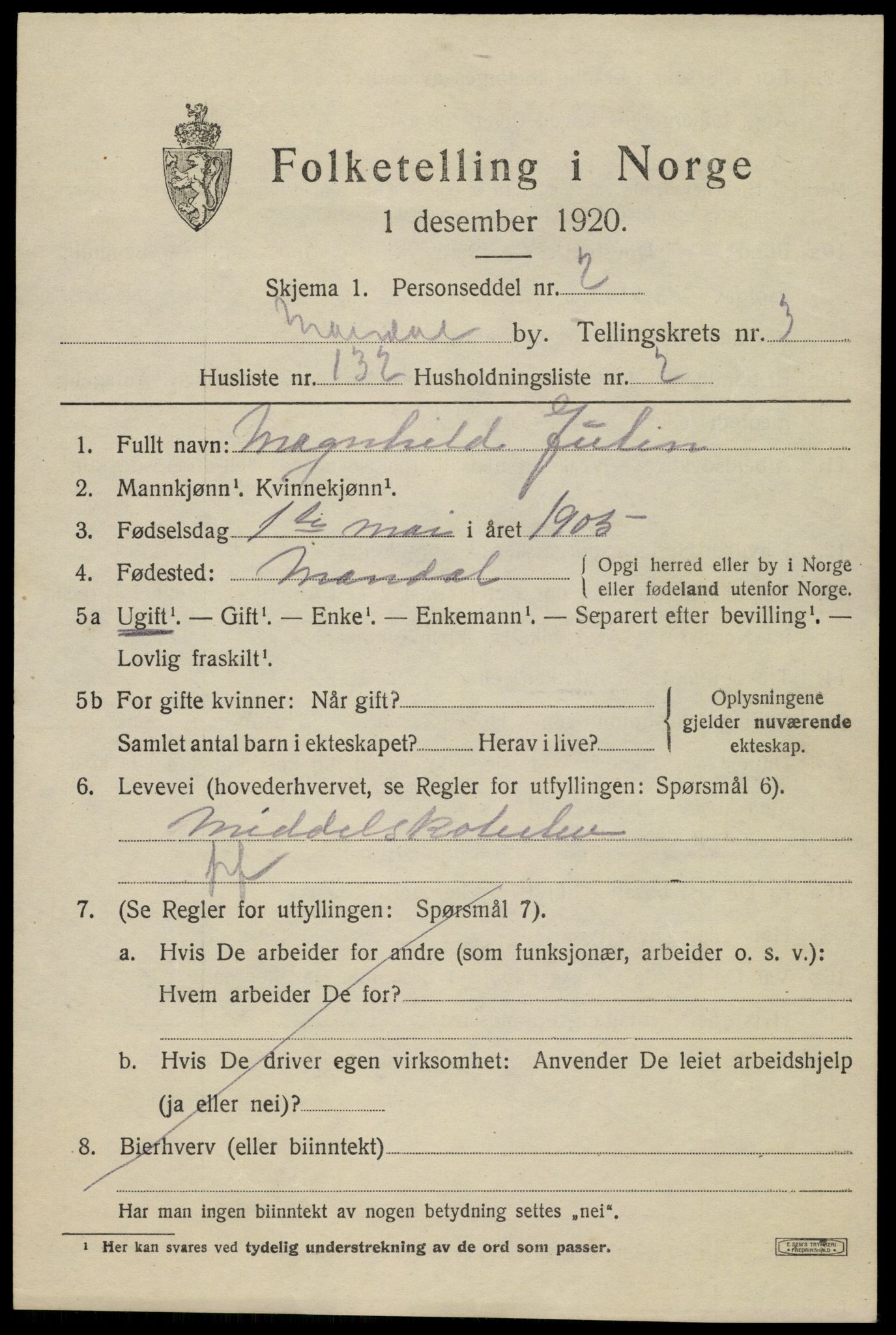 SAK, 1920 census for Mandal, 1920, p. 6987