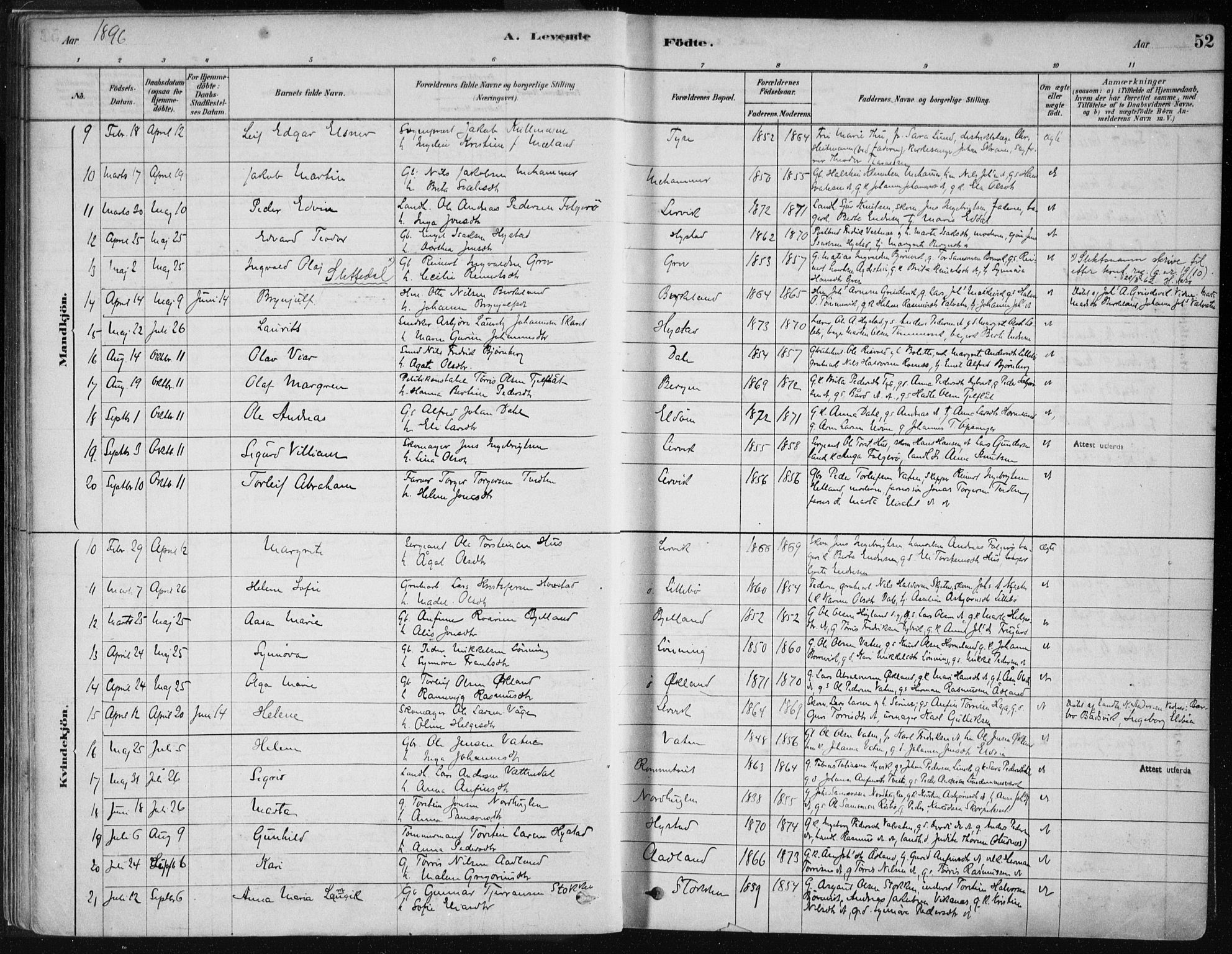 Stord sokneprestembete, AV/SAB-A-78201/H/Haa: Parish register (official) no. B 2, 1878-1913, p. 52