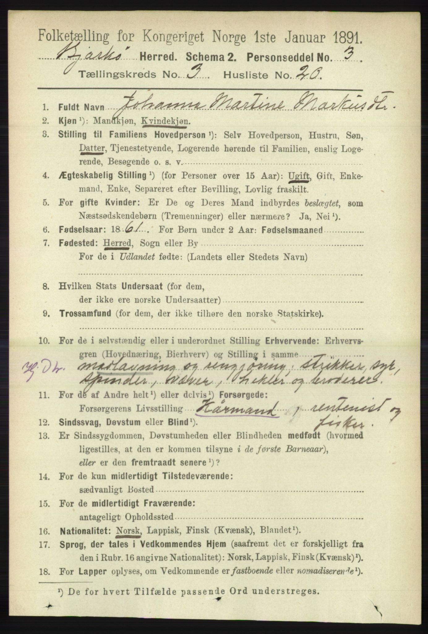 RA, 1891 census for 1915 Bjarkøy, 1891, p. 1668