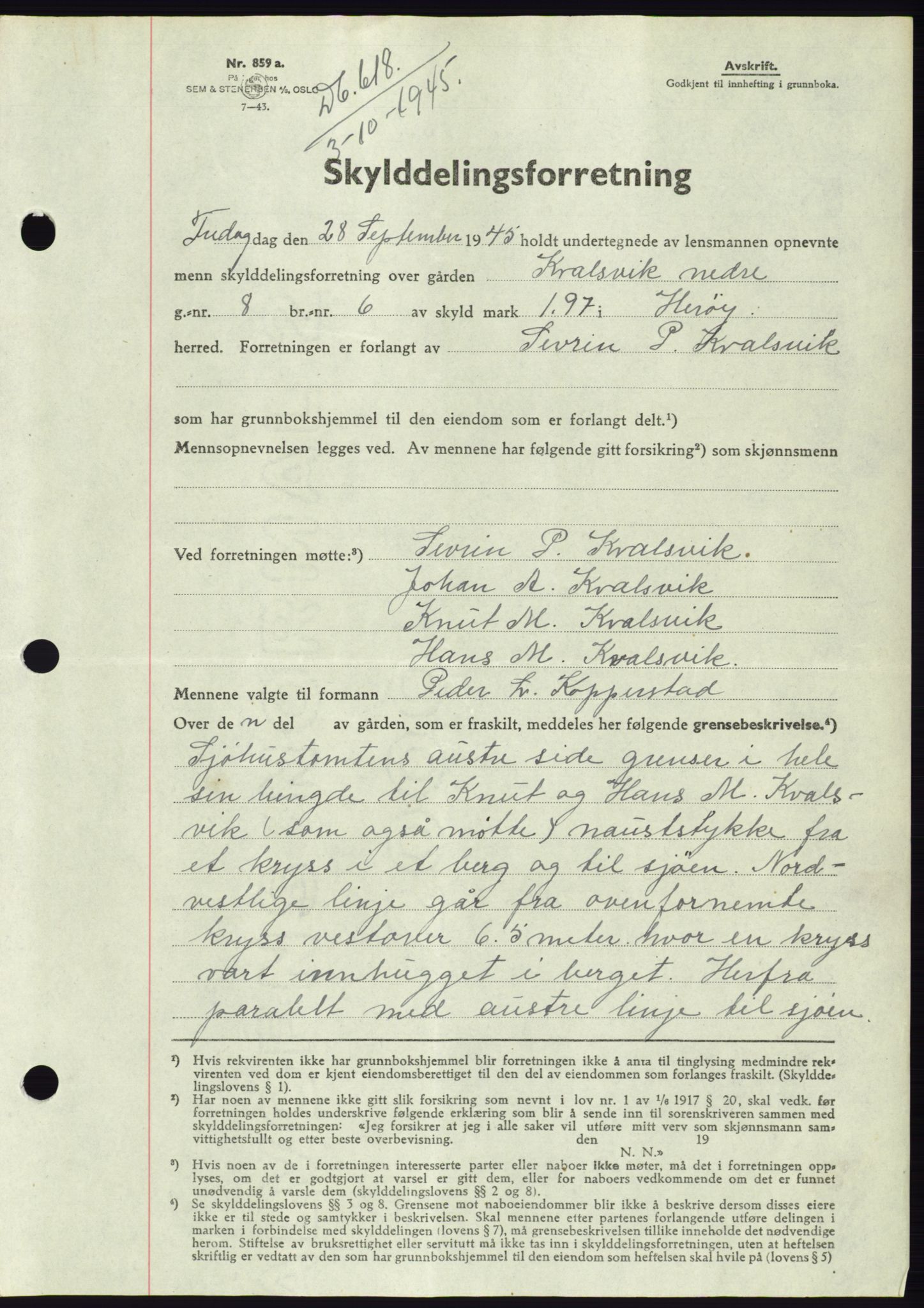 Søre Sunnmøre sorenskriveri, AV/SAT-A-4122/1/2/2C/L0077: Mortgage book no. 3A, 1945-1946, Diary no: : 618/1945