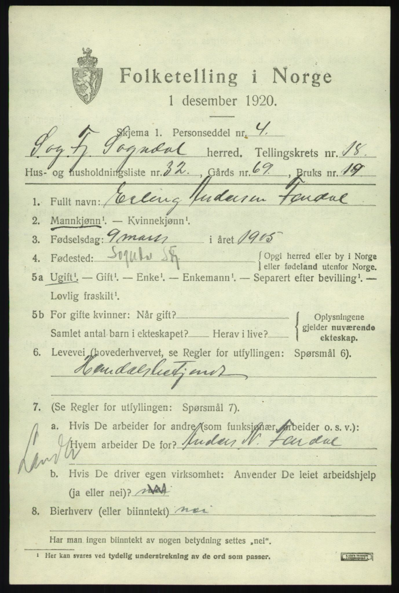 SAB, 1920 census for Sogndal, 1920, p. 6975
