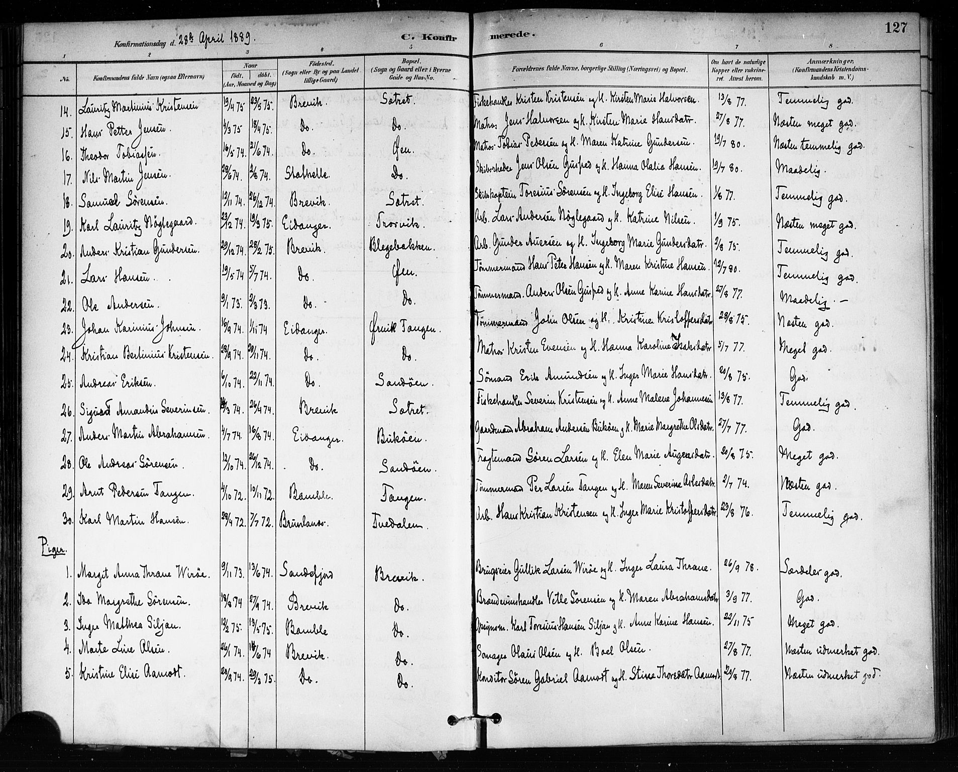 Brevik kirkebøker, SAKO/A-255/F/Fa/L0007: Parish register (official) no. 7, 1882-1900, p. 127