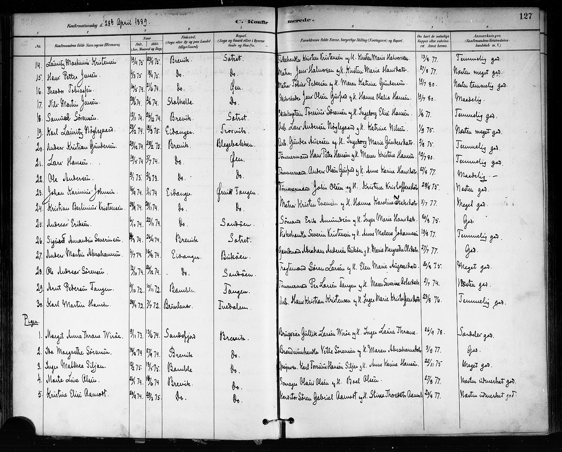 Brevik kirkebøker, AV/SAKO-A-255/F/Fa/L0007: Parish register (official) no. 7, 1882-1900, p. 127
