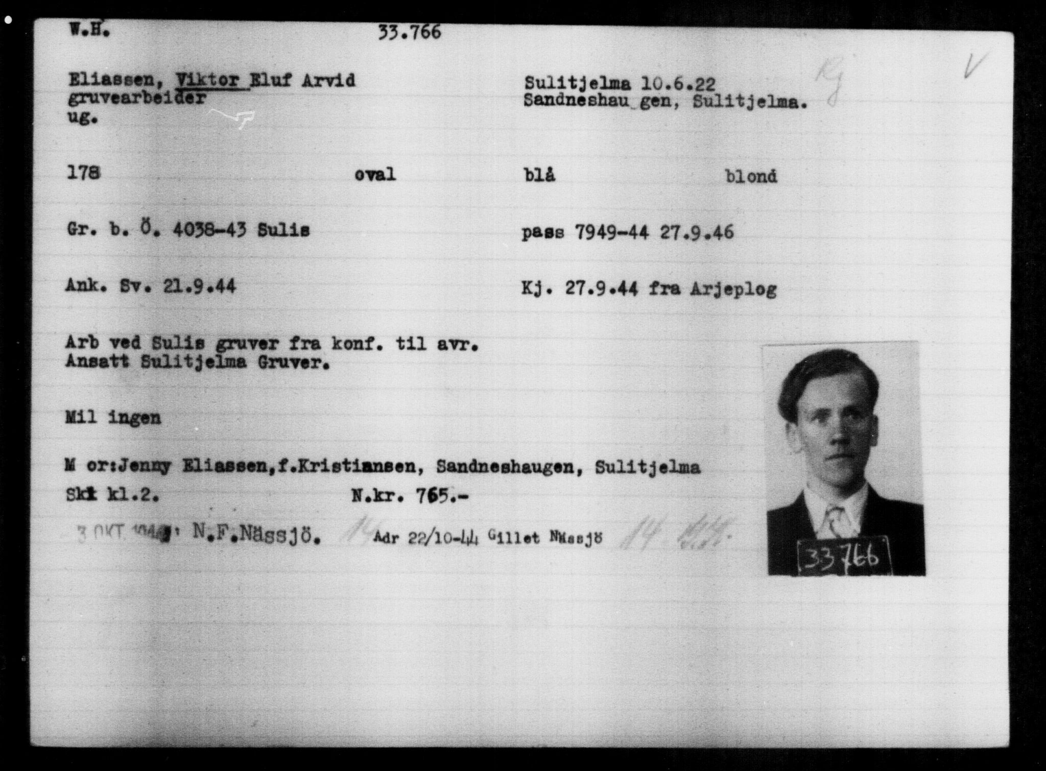 Utenriksstasjonene, Legasjonen i Stockholm, Flyktningkontoret, AV/RA-S-6753/V/Va/L0013: Kjesäterkartoteket, flyktninger med registreringsnr. 31500-34731, 1940-1945, p. 2392