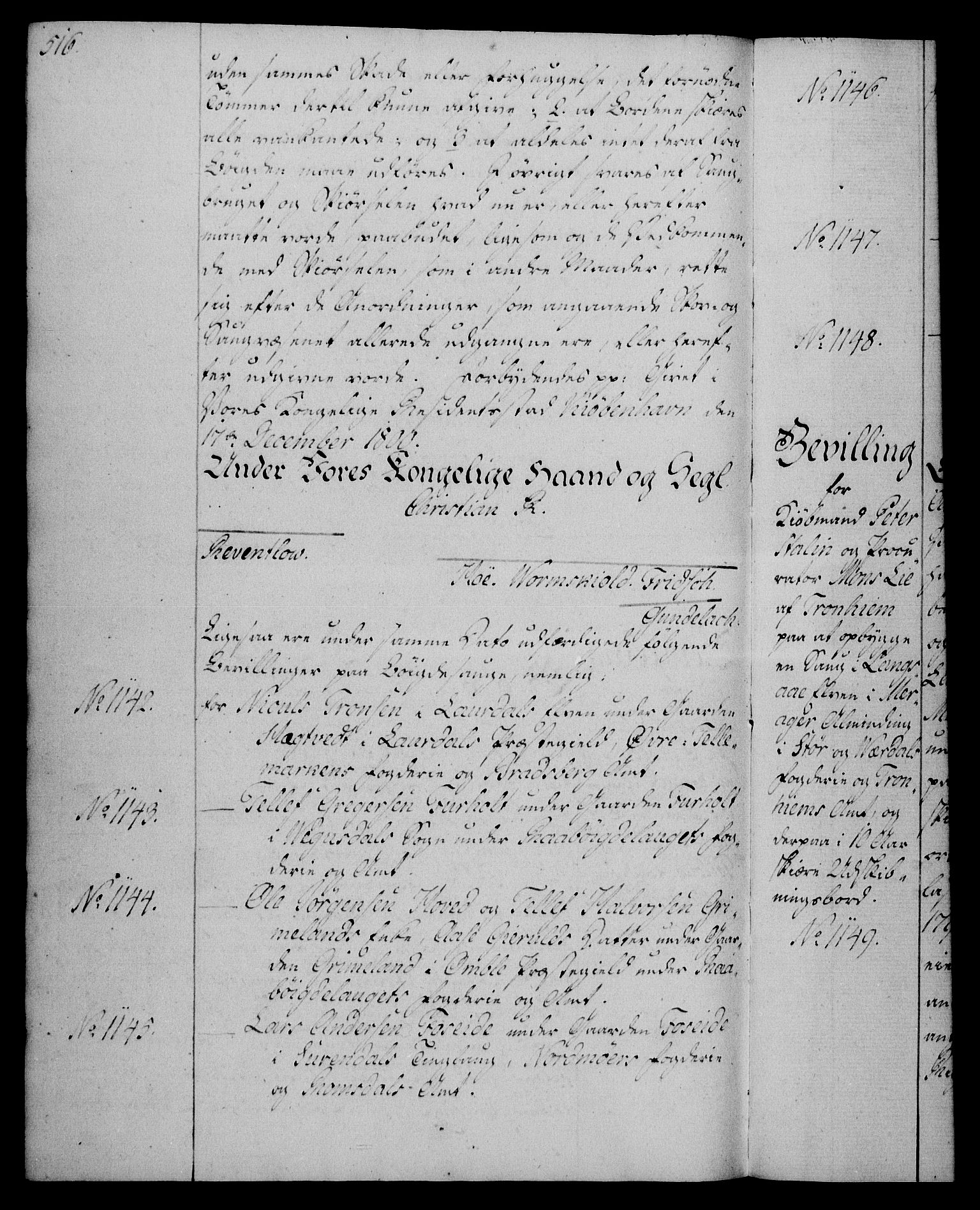 Rentekammeret, Kammerkanselliet, RA/EA-3111/G/Gg/Gga/L0016: Norsk ekspedisjonsprotokoll med register (merket RK 53.16), 1794-1800, p. 516