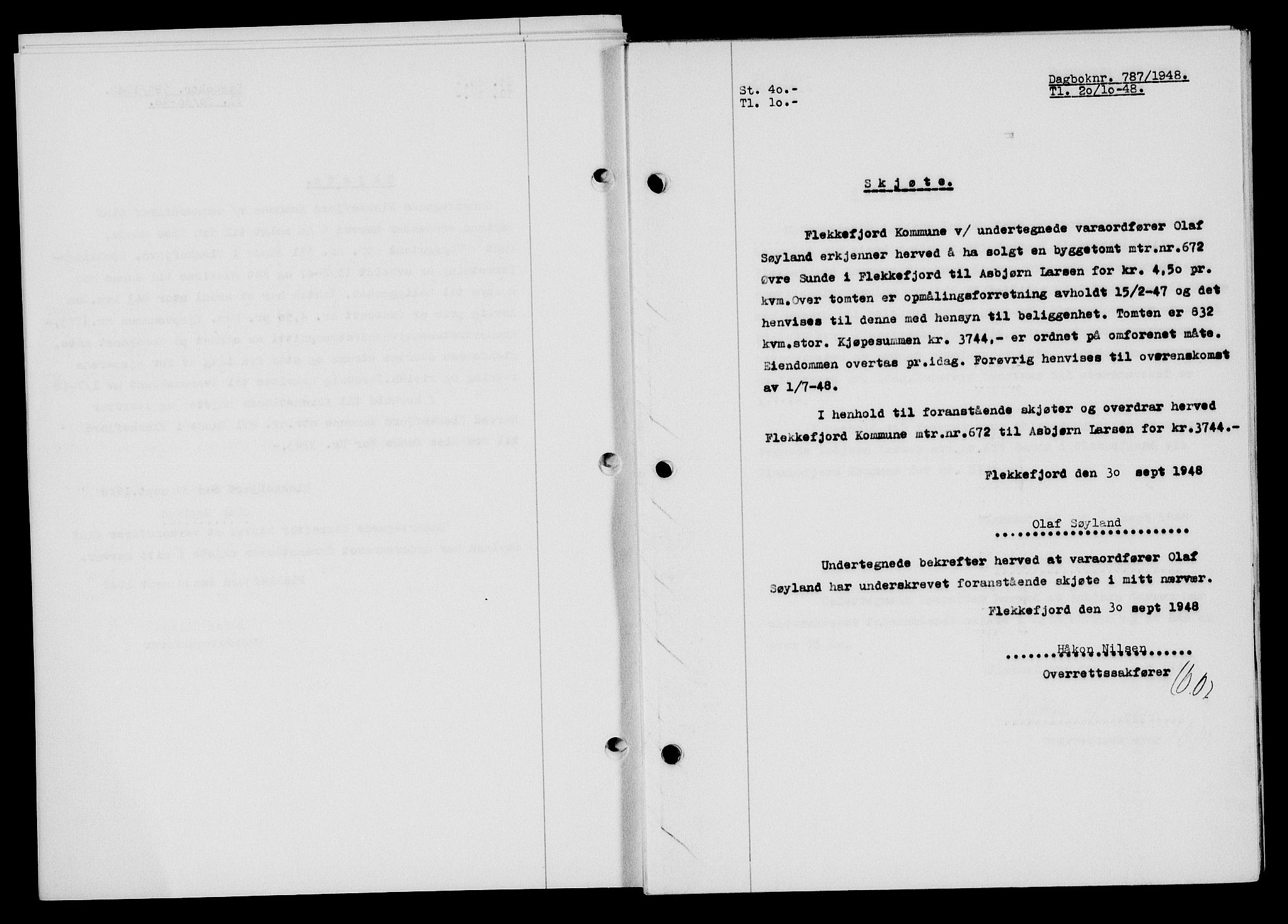 Flekkefjord sorenskriveri, SAK/1221-0001/G/Gb/Gba/L0064: Mortgage book no. A-12, 1948-1949, Diary no: : 787/1948