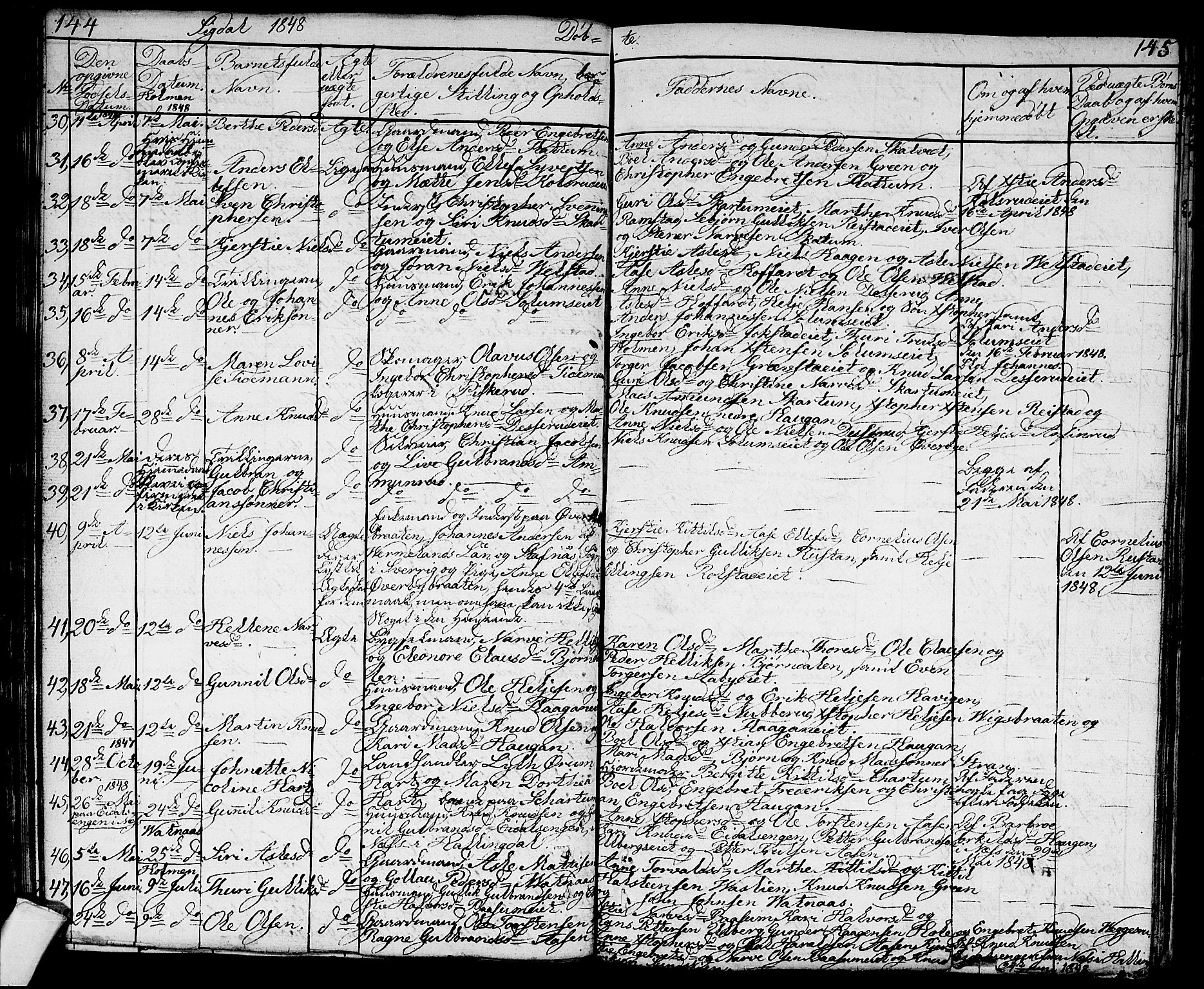 Sigdal kirkebøker, AV/SAKO-A-245/G/Ga/L0002: Parish register (copy) no. I 2, 1835-1856, p. 144-145